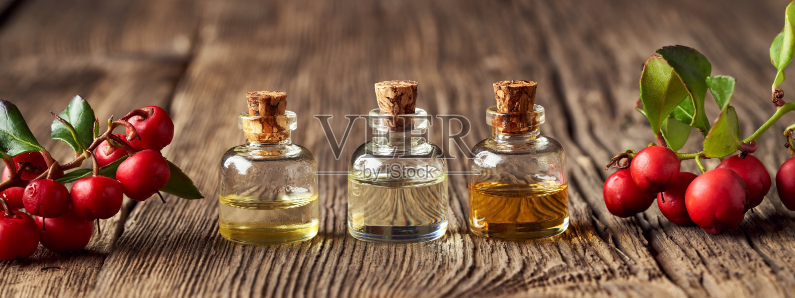 全景头部或旗帜与三瓶精油与鹿蹄绿树枝照片摄影图片