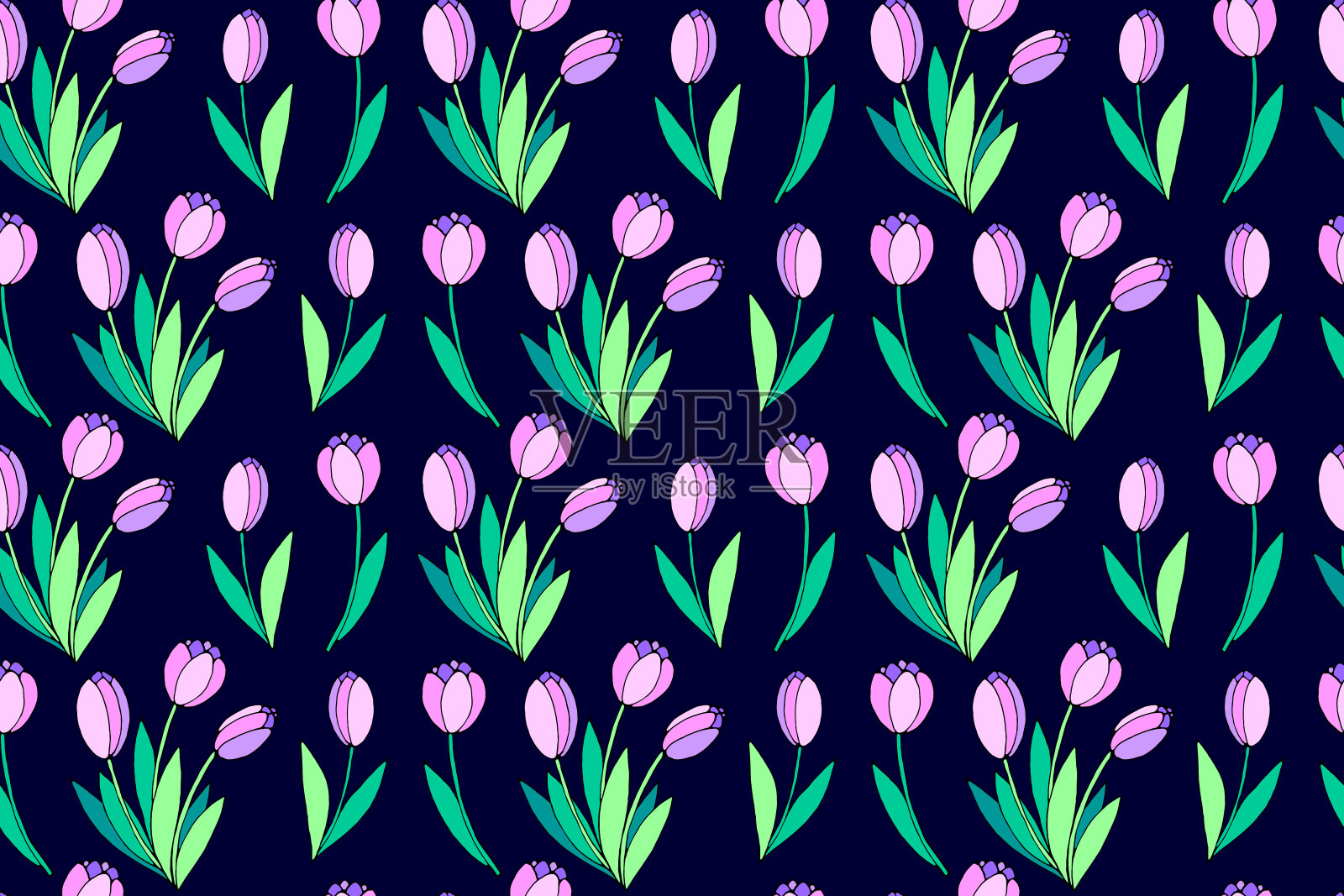 矢量无缝模式与粉红色郁金香花。手绘春天纹理,背景。适用于包装纸、纺织品、贺卡、婚礼、生日、母亲节、妇女节或情人节插画图片素材