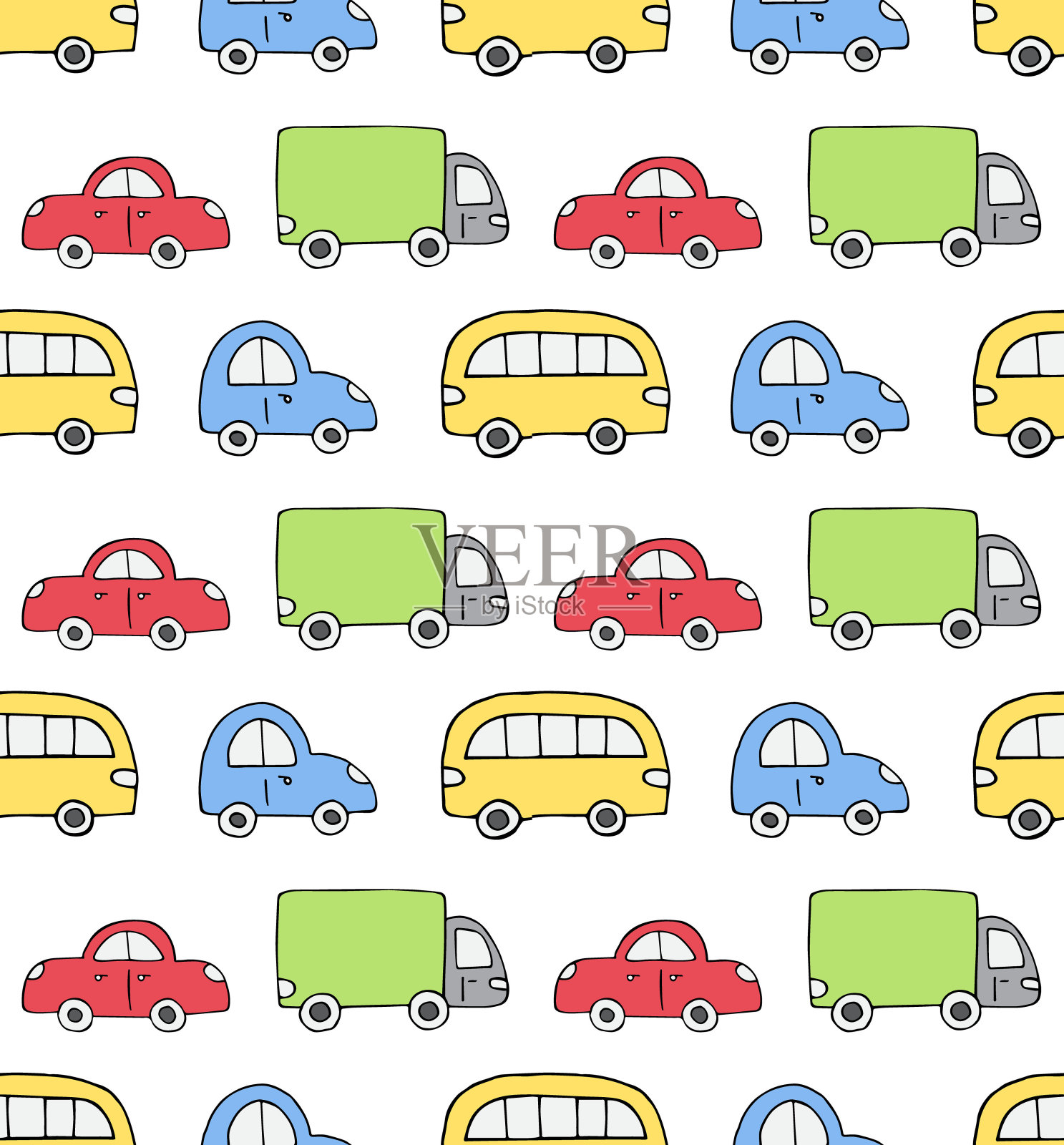 矢量无缝图案的彩色手绘涂鸦素描车插画图片素材