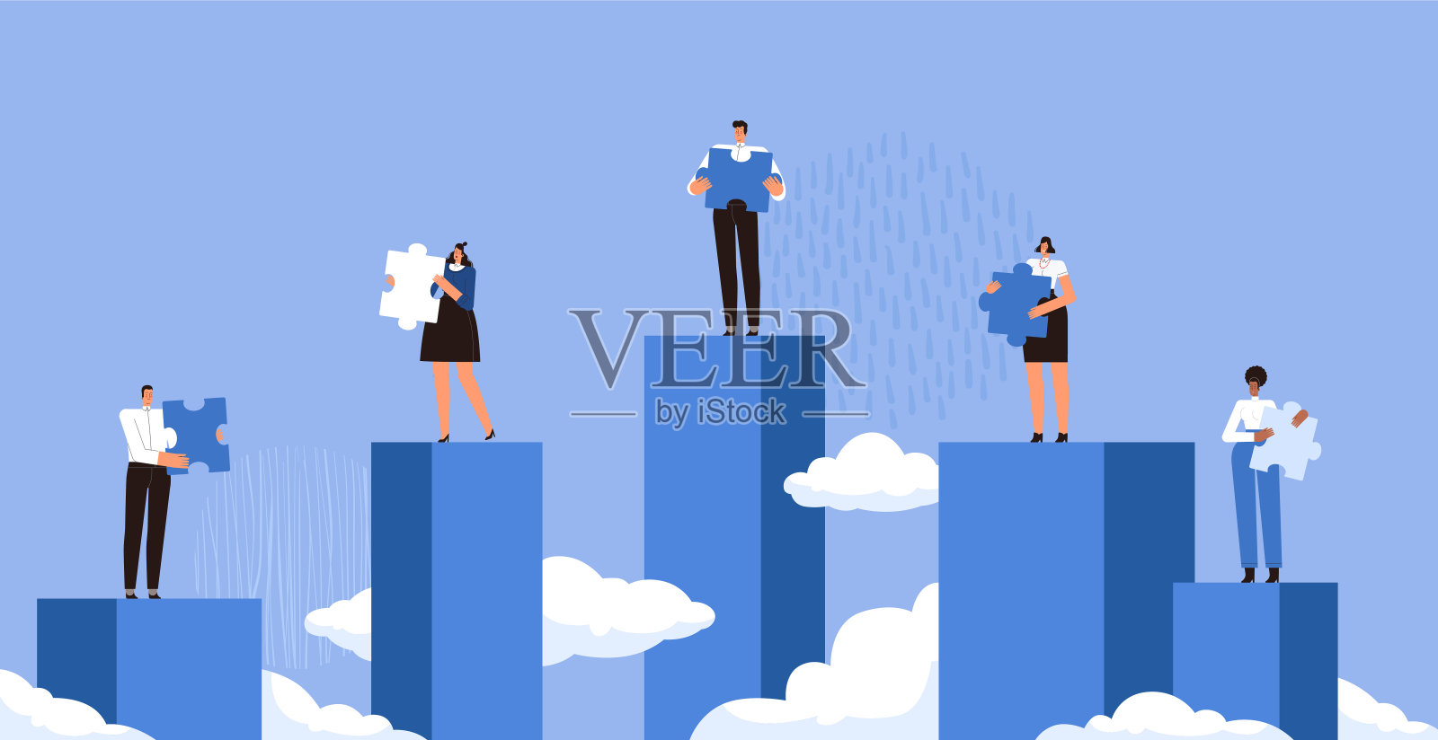 商人们站在不同的t台上,把持着细节拼图,却不能把它们拼在一起。商业中缺乏团队合作的概念。人们不能一起工作插画图片素材