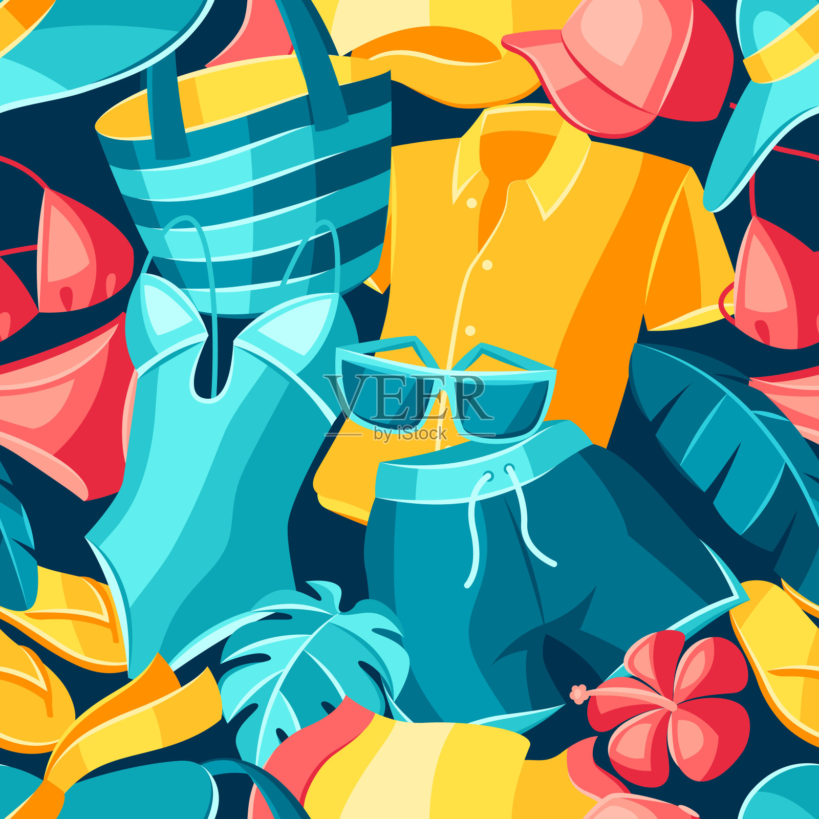 无缝图案与沙滩衣和泳装。插画图片素材