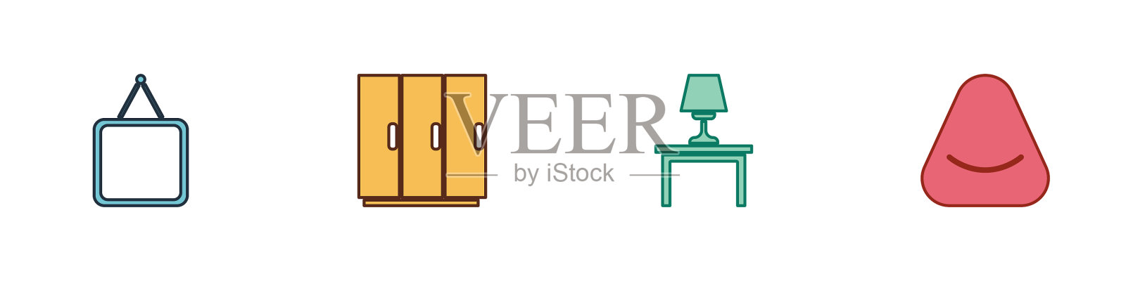 把镜子、衣柜、台灯放在桌上和蒲团上图标素材