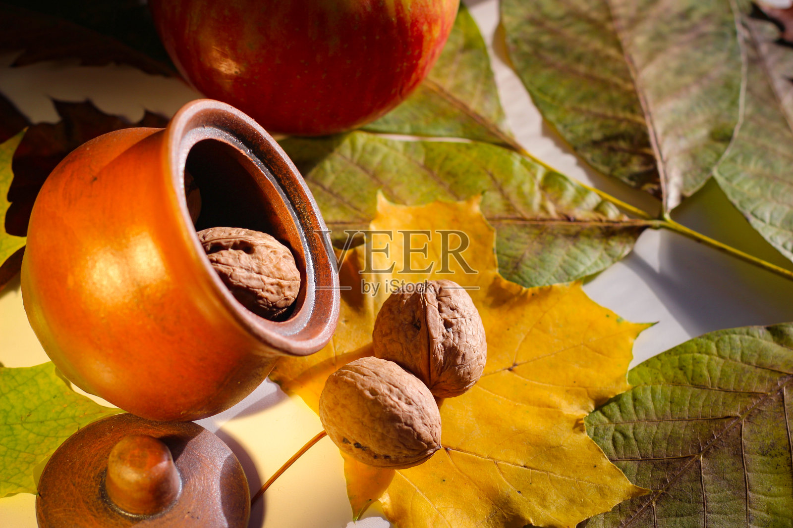 秋天的静物画。叶子,坚果,苹果和一个陶罐照片摄影图片