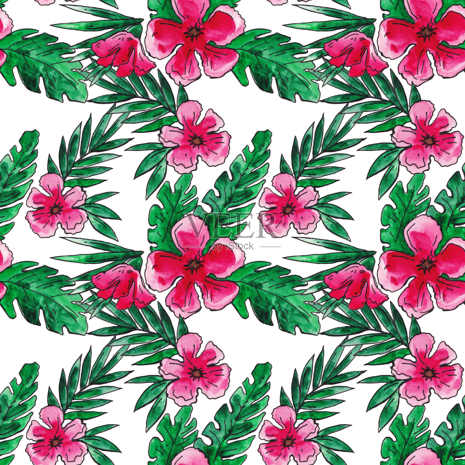 水彩图案与花,兰花和棕榈叶插画图片素材