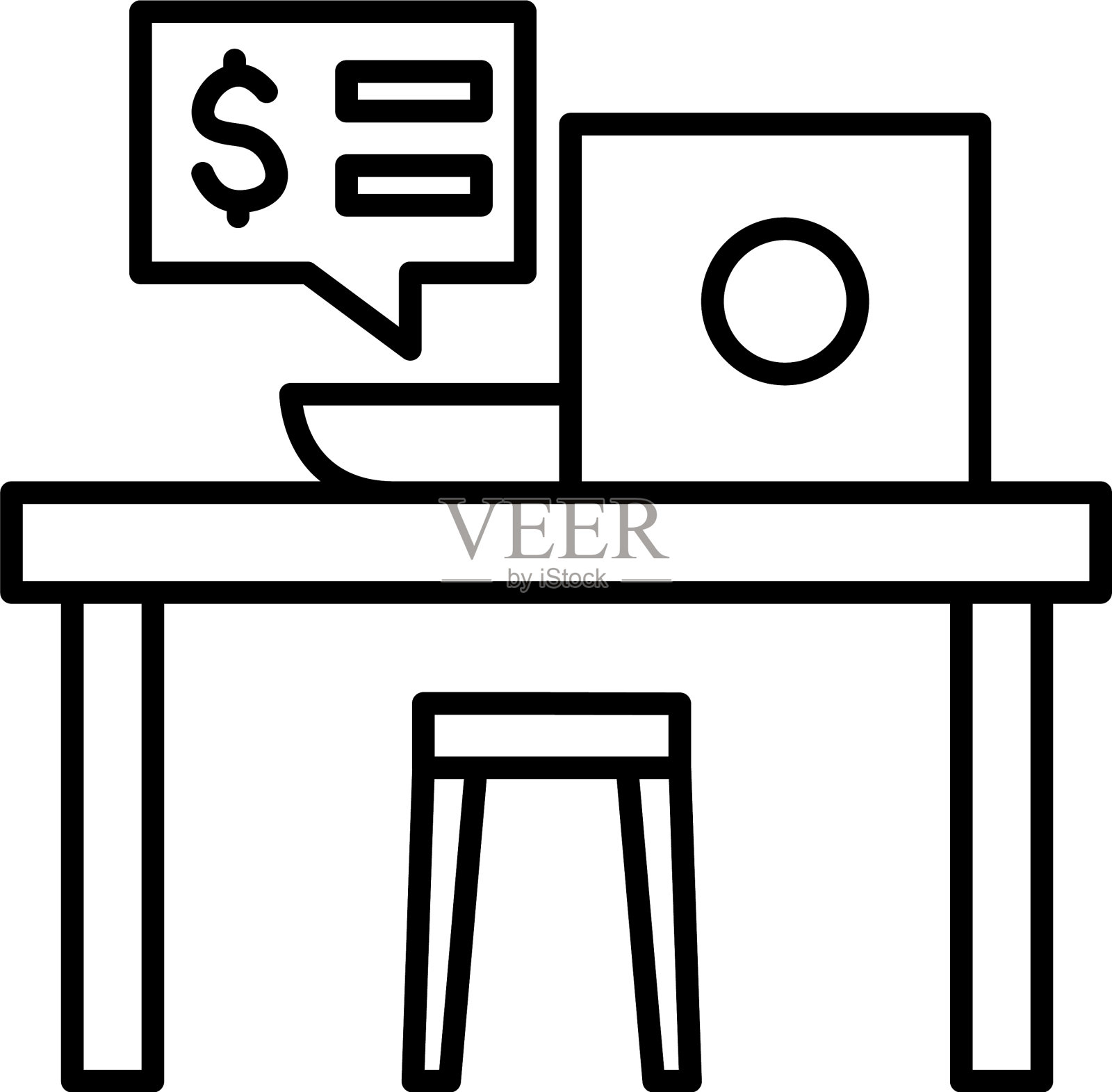 办公桌与笔记本电脑和气泡线风格图标设计元素图片