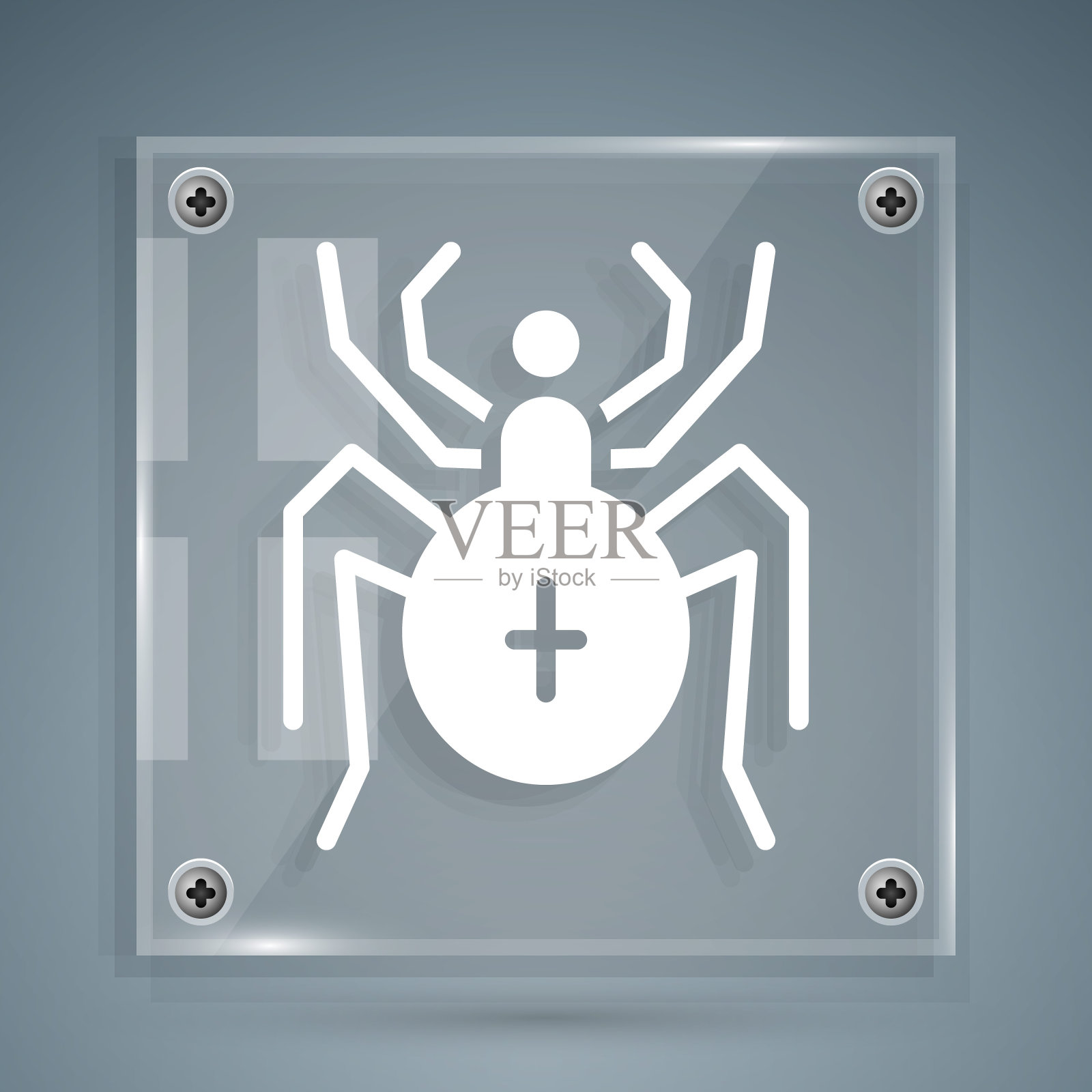 白色蜘蛛图标孤立在灰色背景。快乐的万圣节派对。方形玻璃面板。向量图标素材