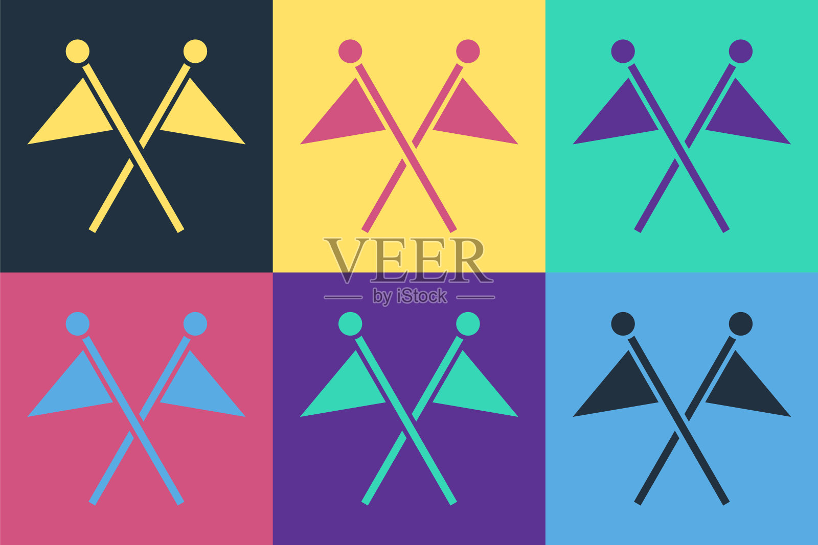 波普艺术高尔夫旗帜图标孤立的颜色背景。高尔夫球器材或配件向量图标素材