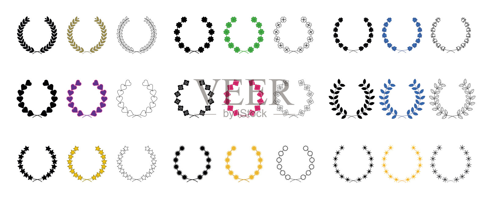 不同的花环图标集。圆形和一个奖章,纹章花环。插画图片素材