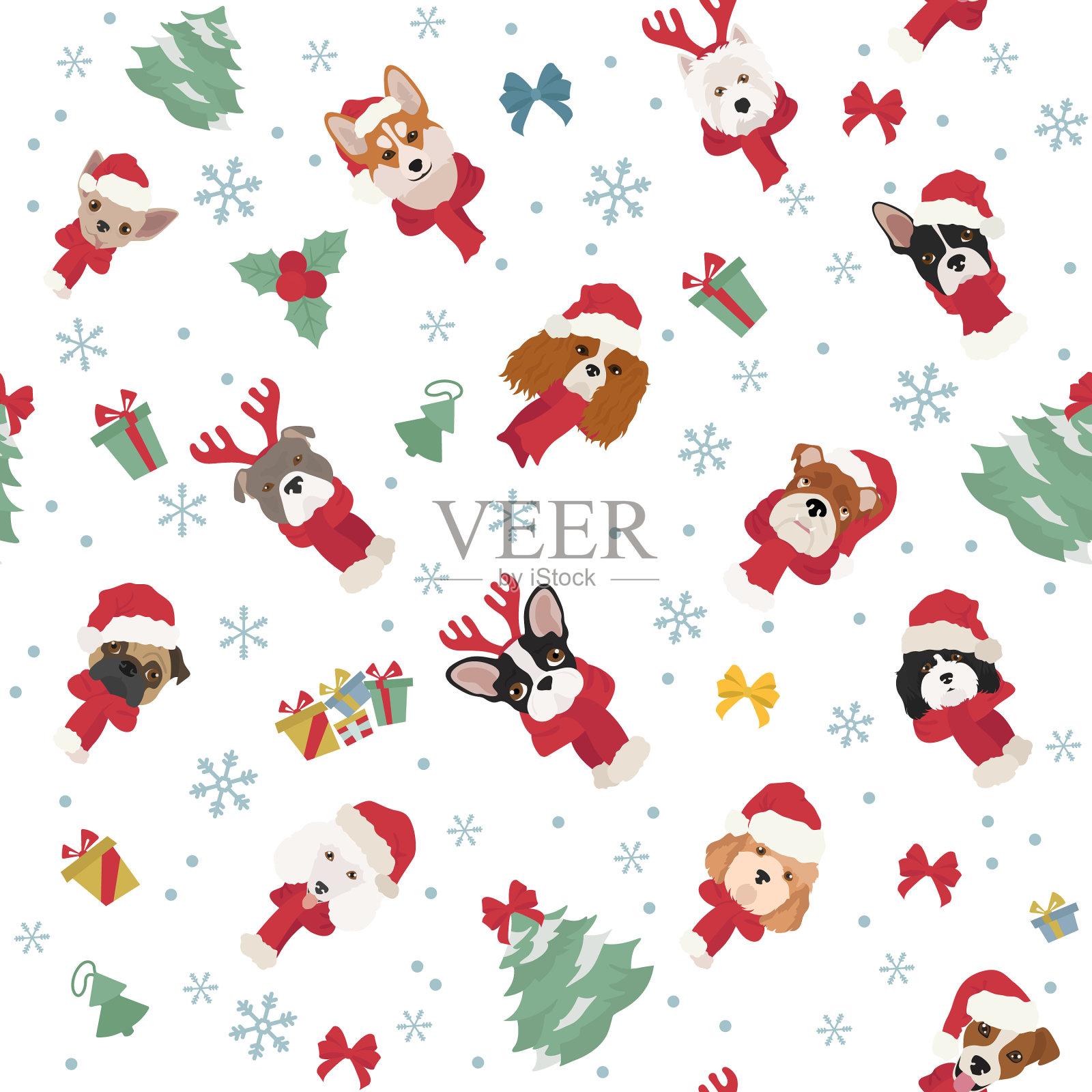 狗的肖像在圣诞老人的帽子和围巾圣诞节插画图片素材