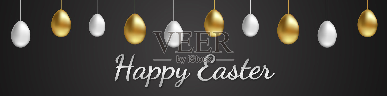向量横幅与现实的金色和银色复活节蛋挂在黑色背景上的一根线。复活节卡片为您的设计与您的文本。矢量插图EPS 10插画图片素材