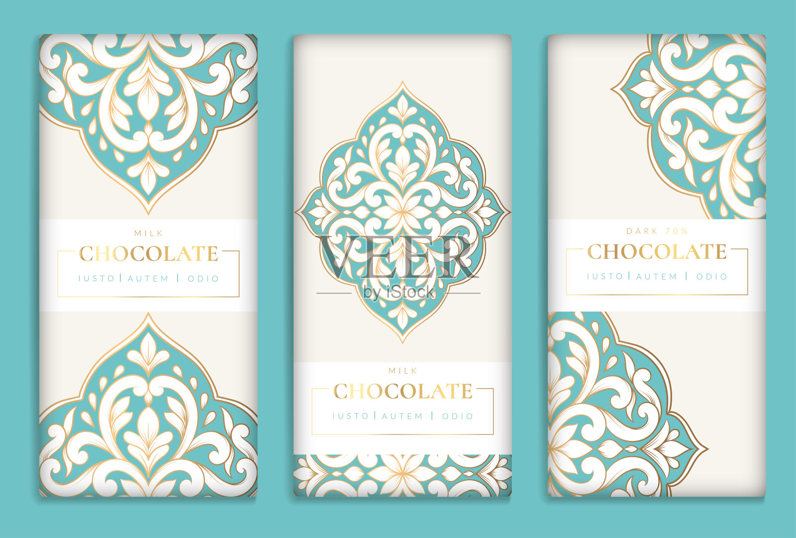 绿松石和金色的豪华巧克力棒包装设计。优雅的矢量装饰模板。适用于食品,饮料和其他包装类型。可用于背景和壁纸。插画图片素材