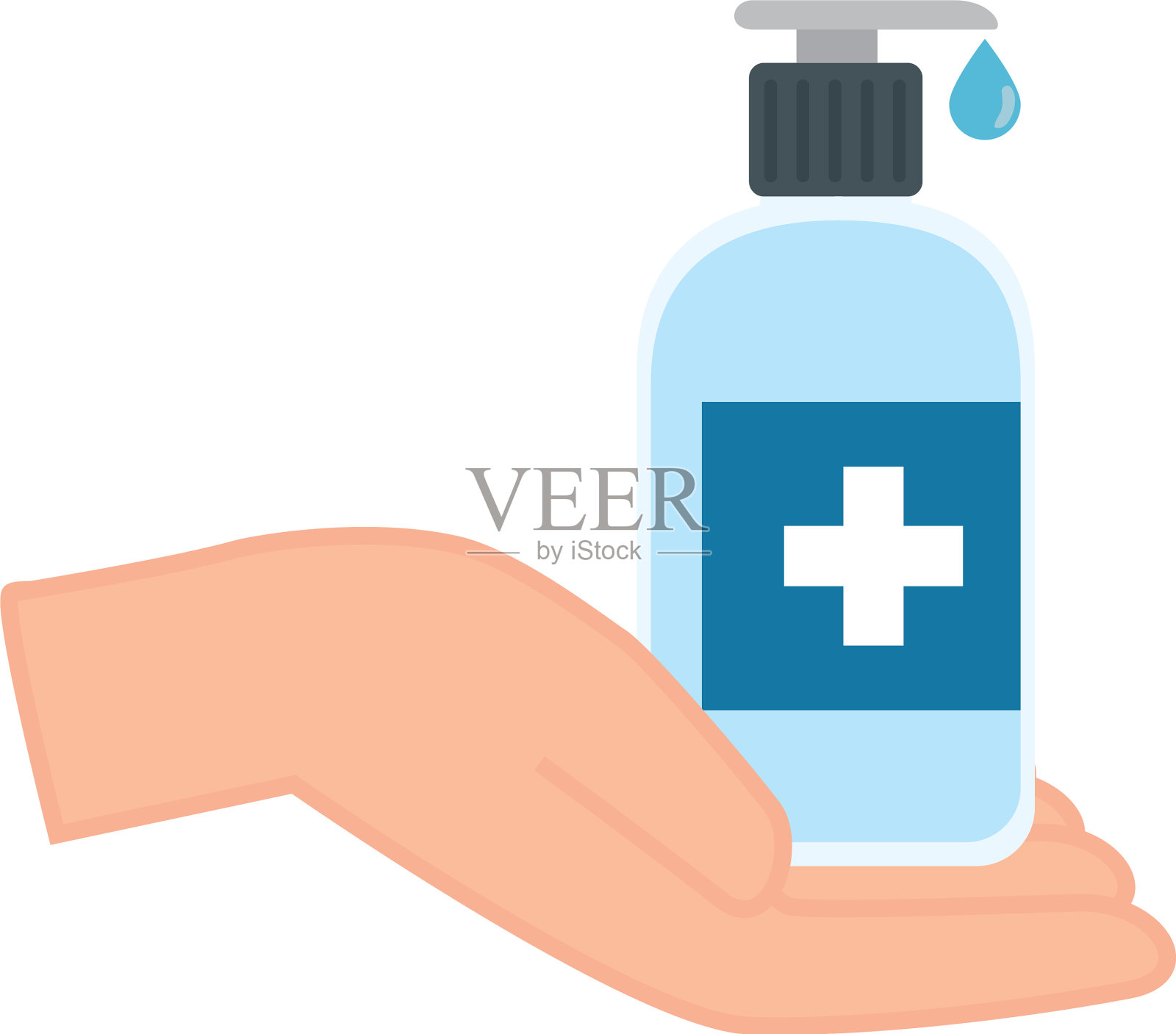 手上有交叉标签的手部消毒瓶设计元素图片