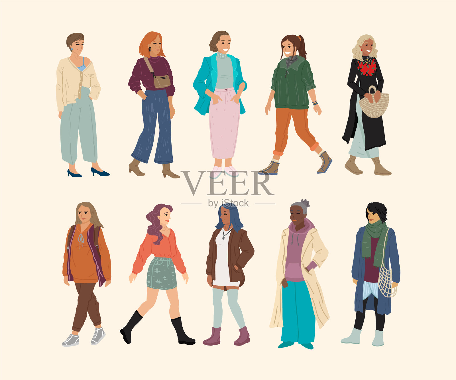 不同种族和国籍的妇女一组插画图片素材