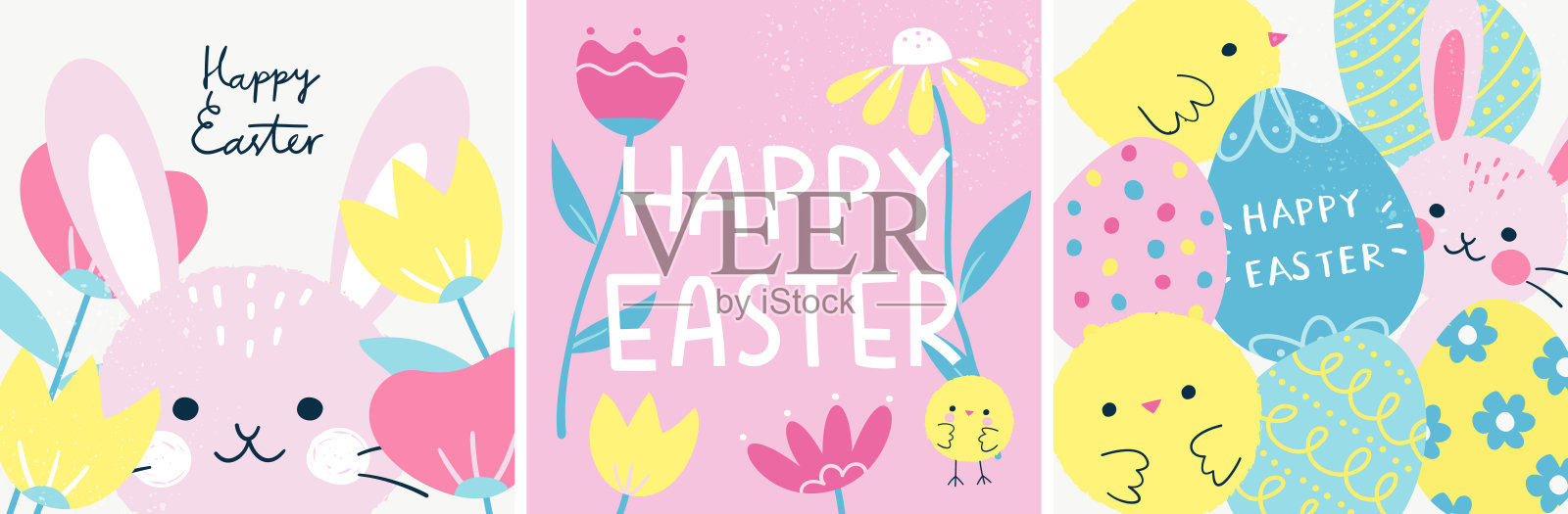 复活节快乐!一套3个方形贺卡或横幅模板,以庆祝春节。设计模板素材