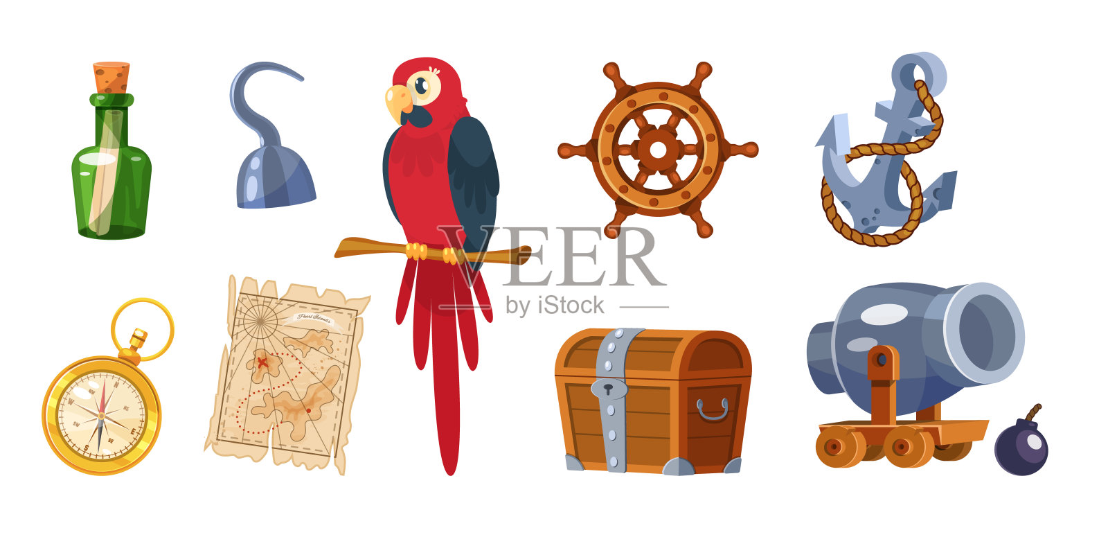 探险海盗集。海盗船设备,宝箱,武器,鹦鹉,指南针,帽子,宝箱,朗姆酒,帽子,旗帜,手枪,方向盘,锚。海上探险的象征插画图片素材