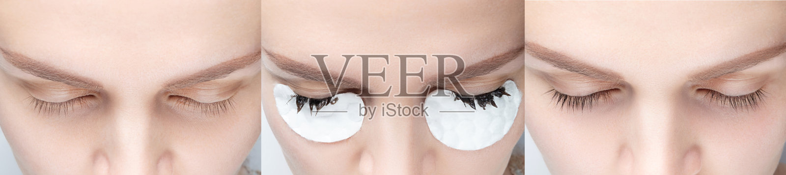 前后睫毛着色。在染睫毛过程中女人眼睛的特写照片摄影图片