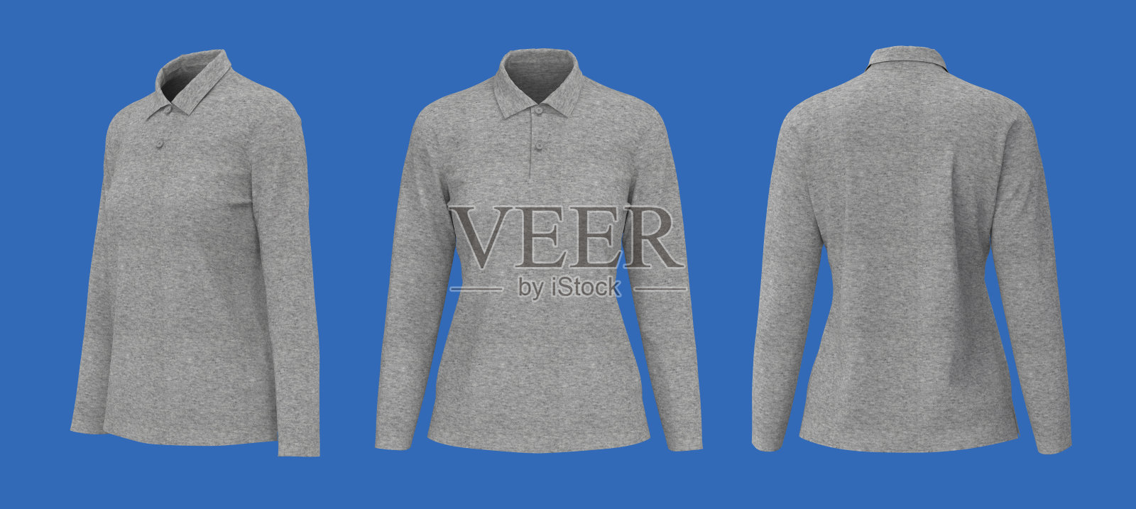 女士的领口衬衫模型,正面,侧面和背面的观点照片摄影图片