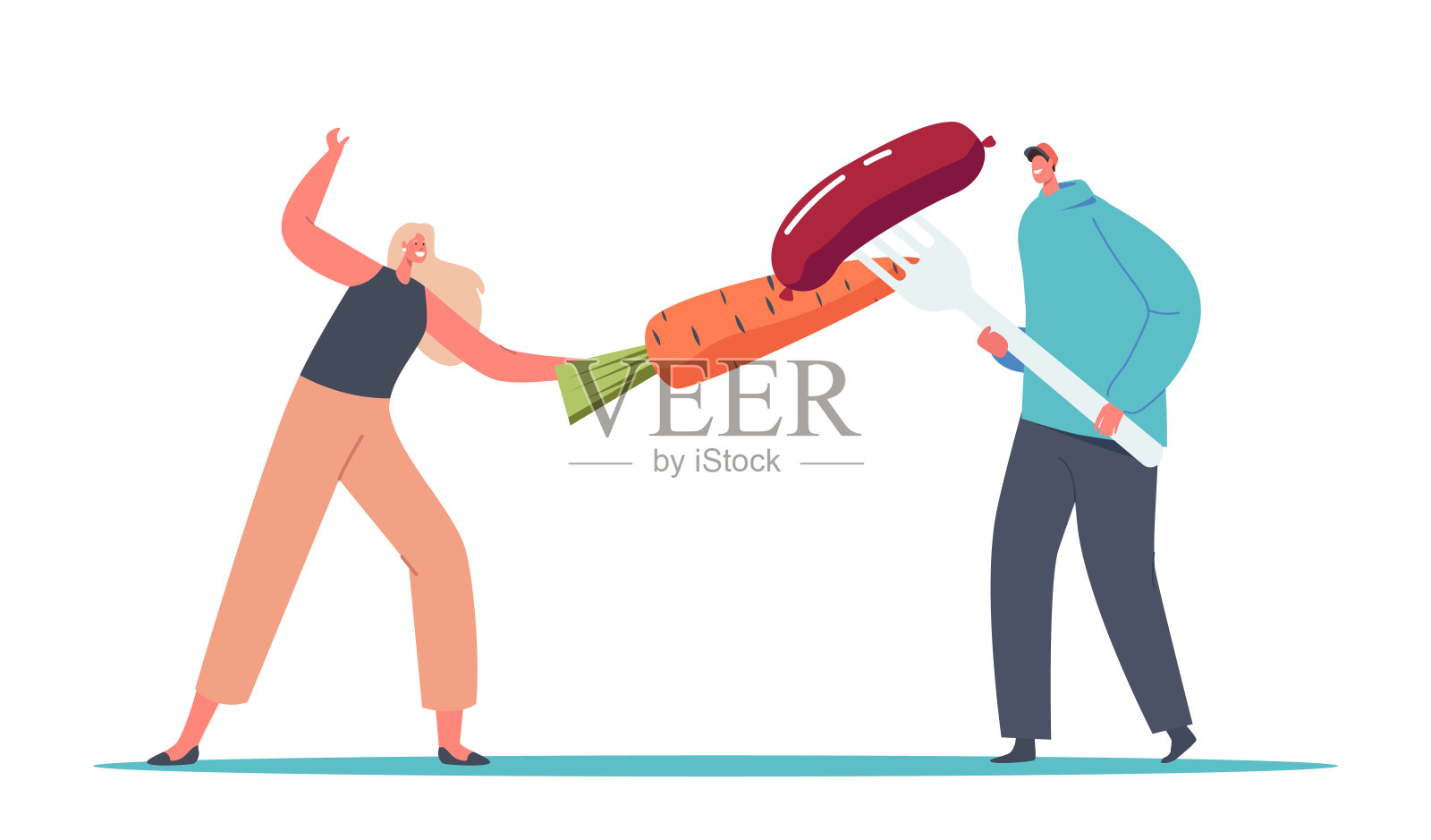 小男性女性角色与巨大的胡萝卜和香肠在叉子上击剑。健康和不健康营养的拥护者插画图片素材