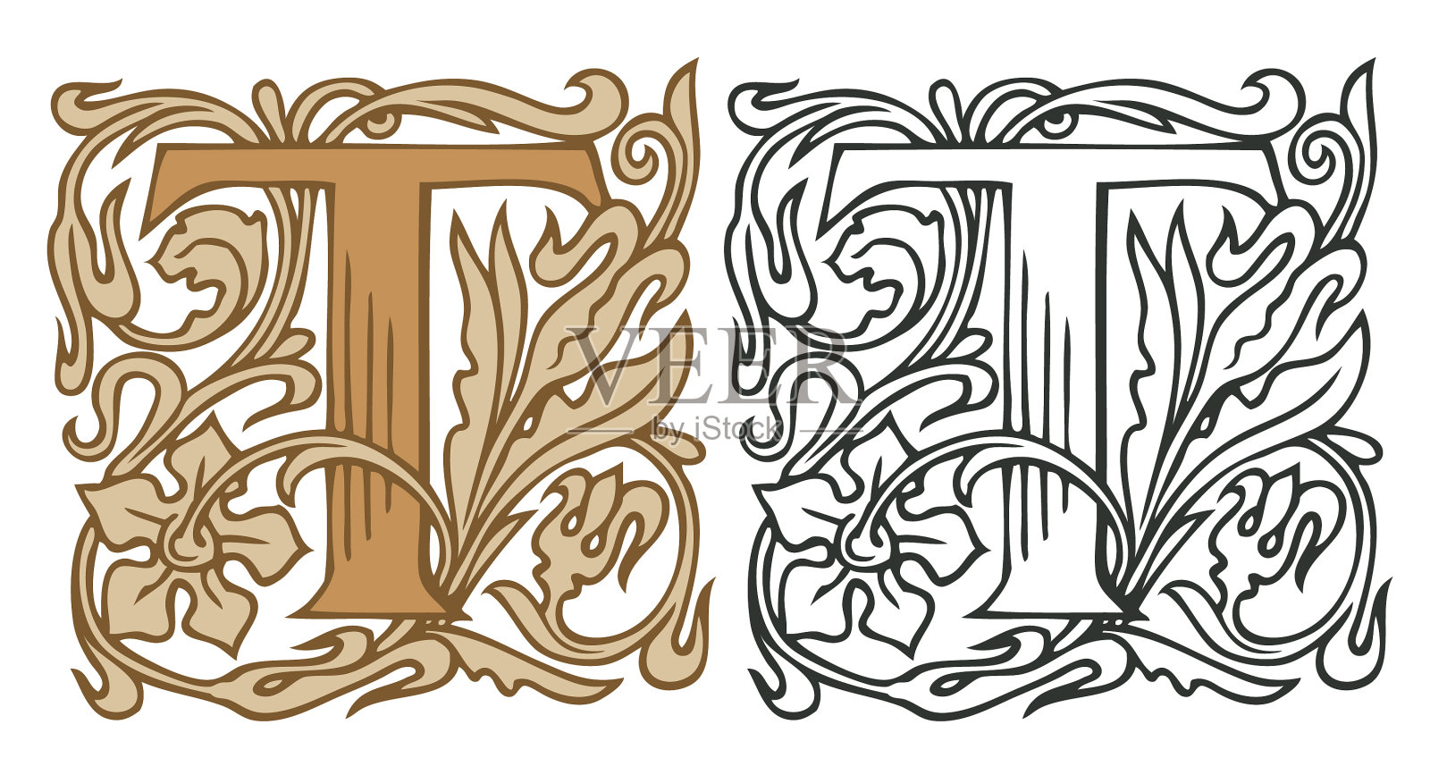 带有巴洛克装饰的复古首字母t设计元素图片