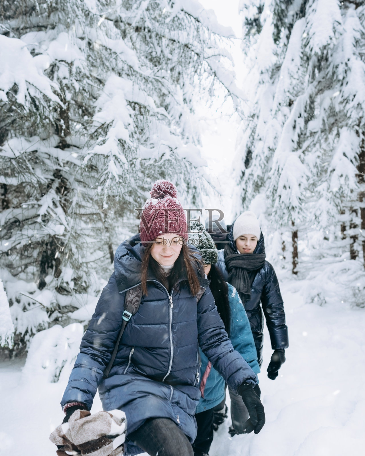 一群朋友在冬季徒步旅行。圣诞节期间活跃的家庭假期。冬天的生活方式。个人的冬天冒险。健康的休息照片摄影图片