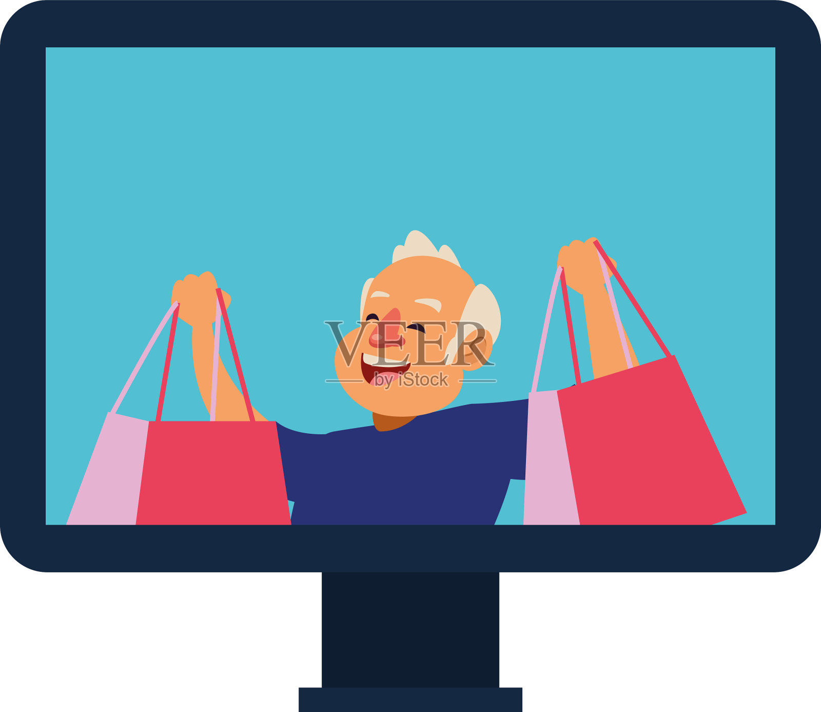 桌面上有个拿着购物袋的老人插画图片素材