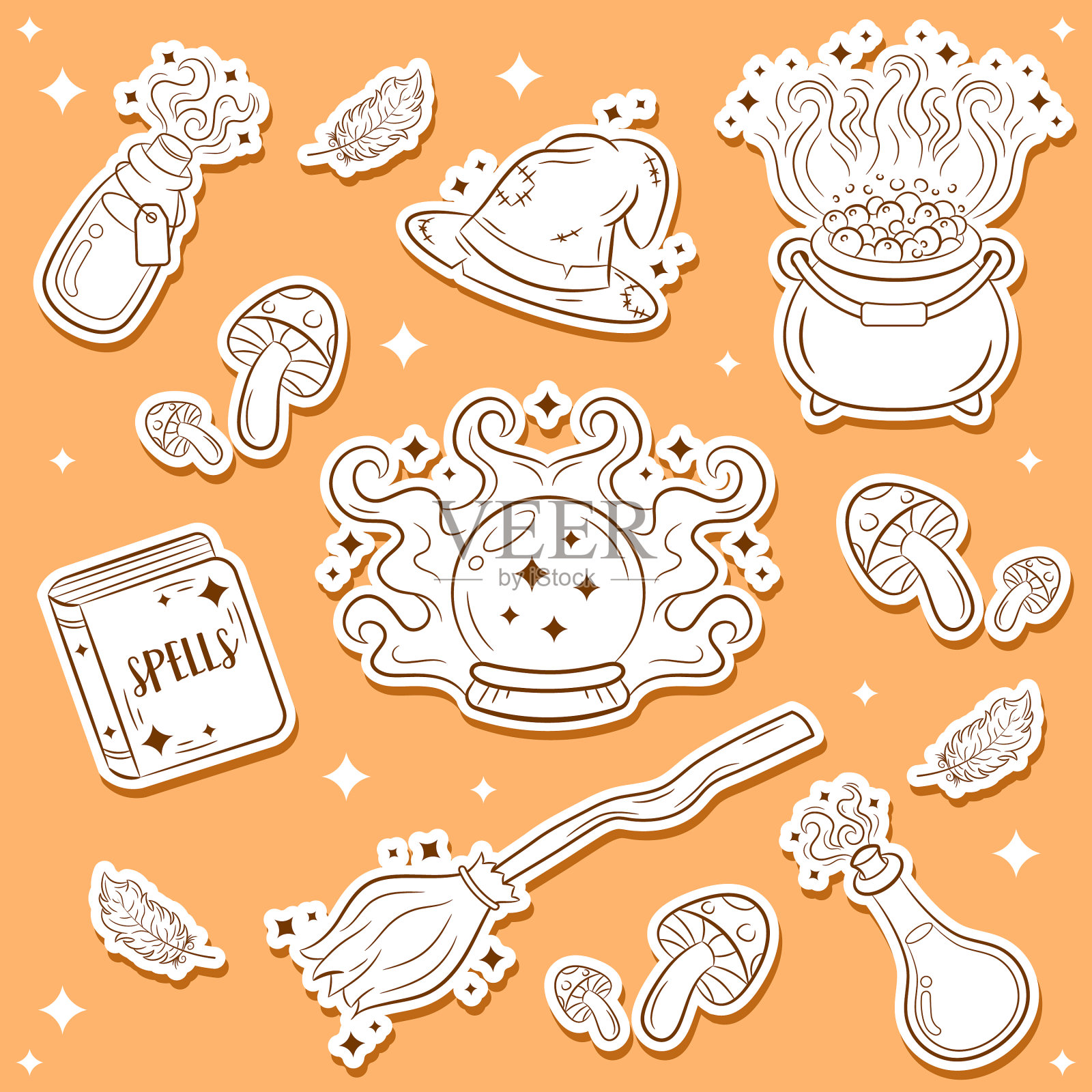 万圣节元素设置彩色素描图标素材