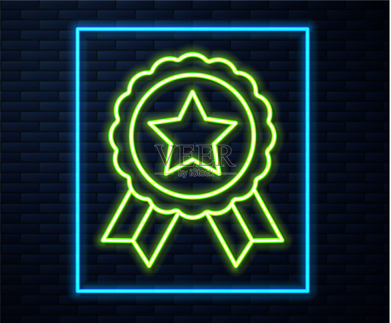 发光的霓虹灯线奖章与星图标隔离插画图片素材