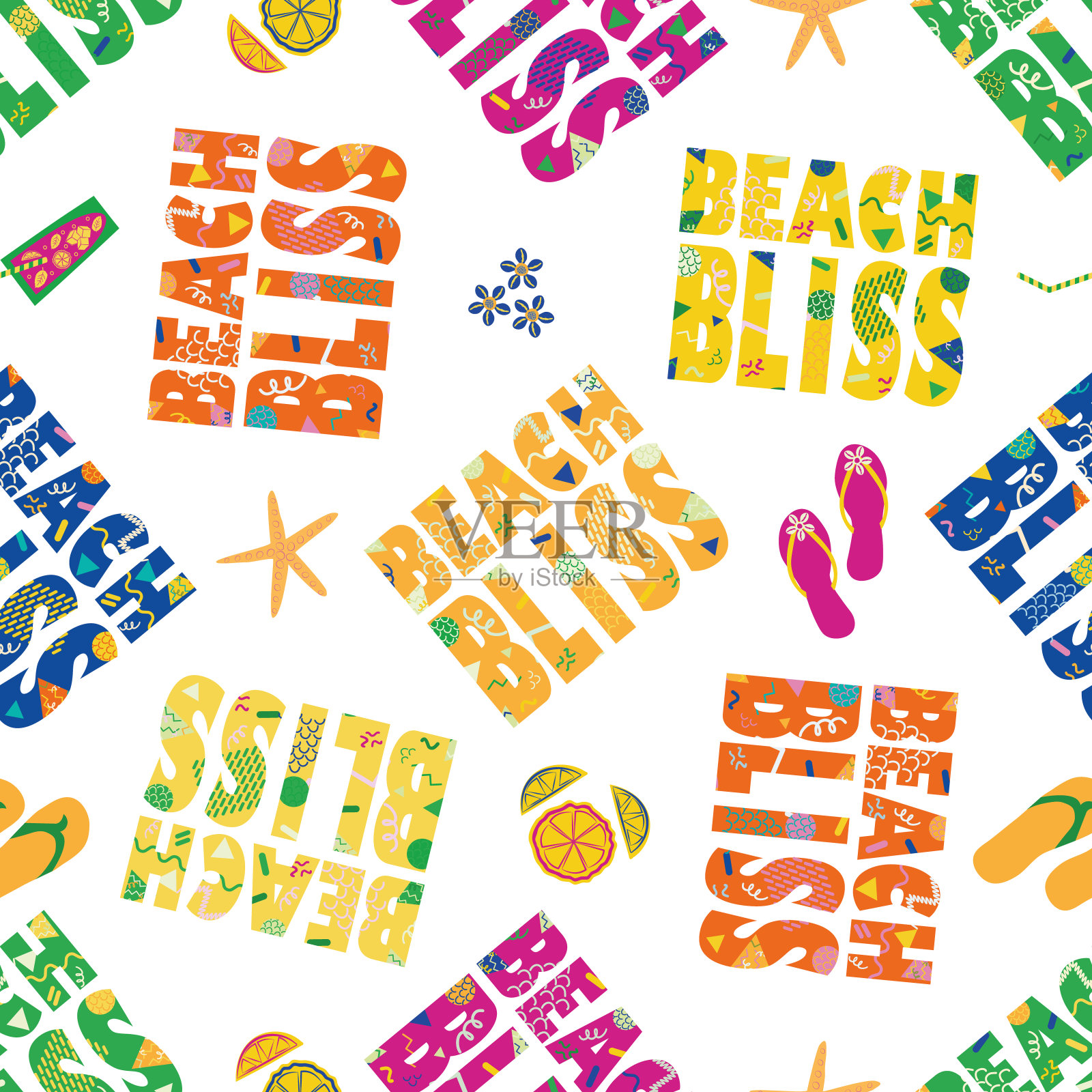 海滩极乐印刷矢量无缝模式背景。热带颜色孟菲斯设计文字,人字拖,贝壳,饮料,海星。好玩重复的夏季旅游,度假海洋度假村的概念插画图片素材