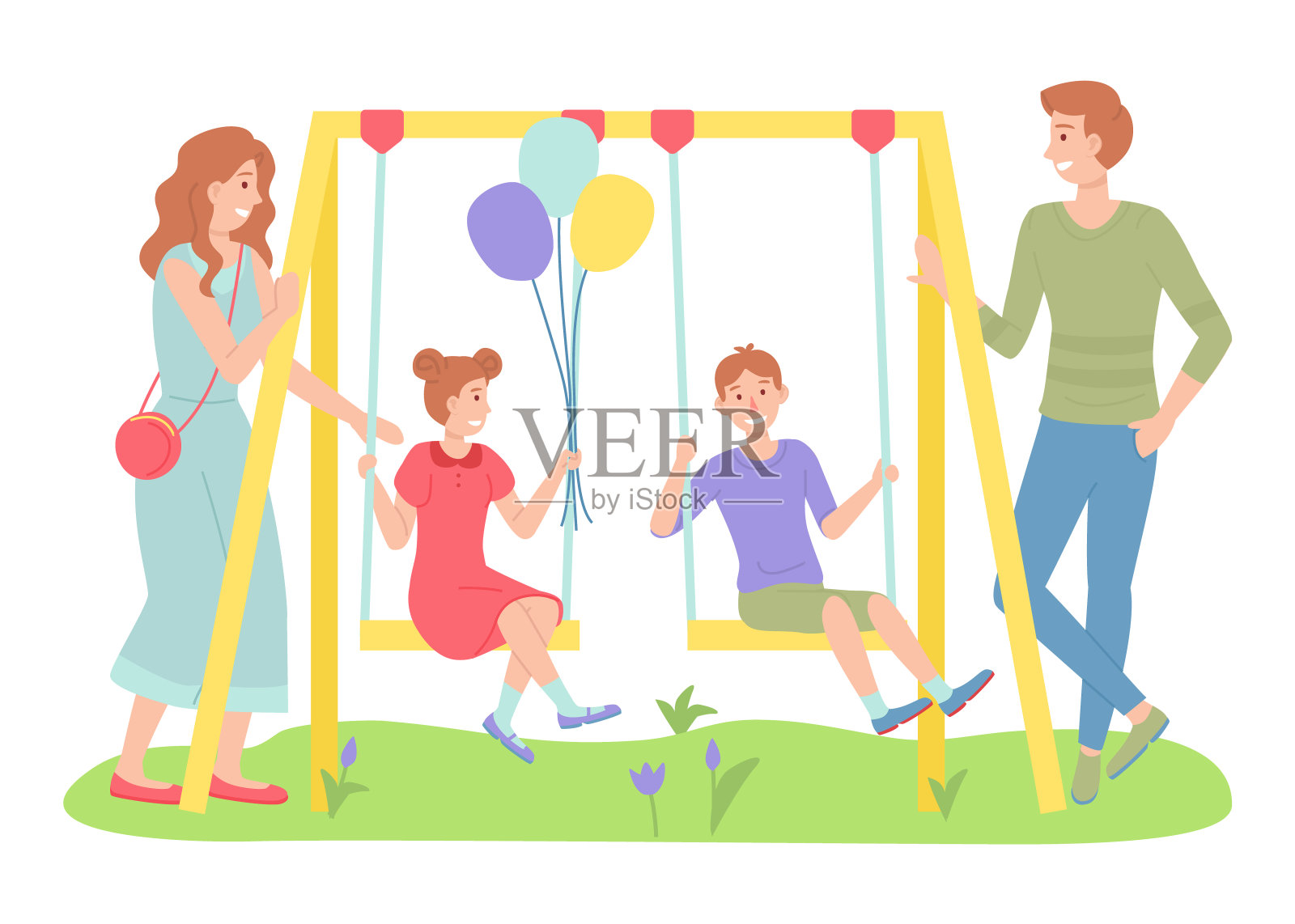 家庭户外娱乐活动,孩子们在操场玩耍,孩子们荡秋千插画图片素材