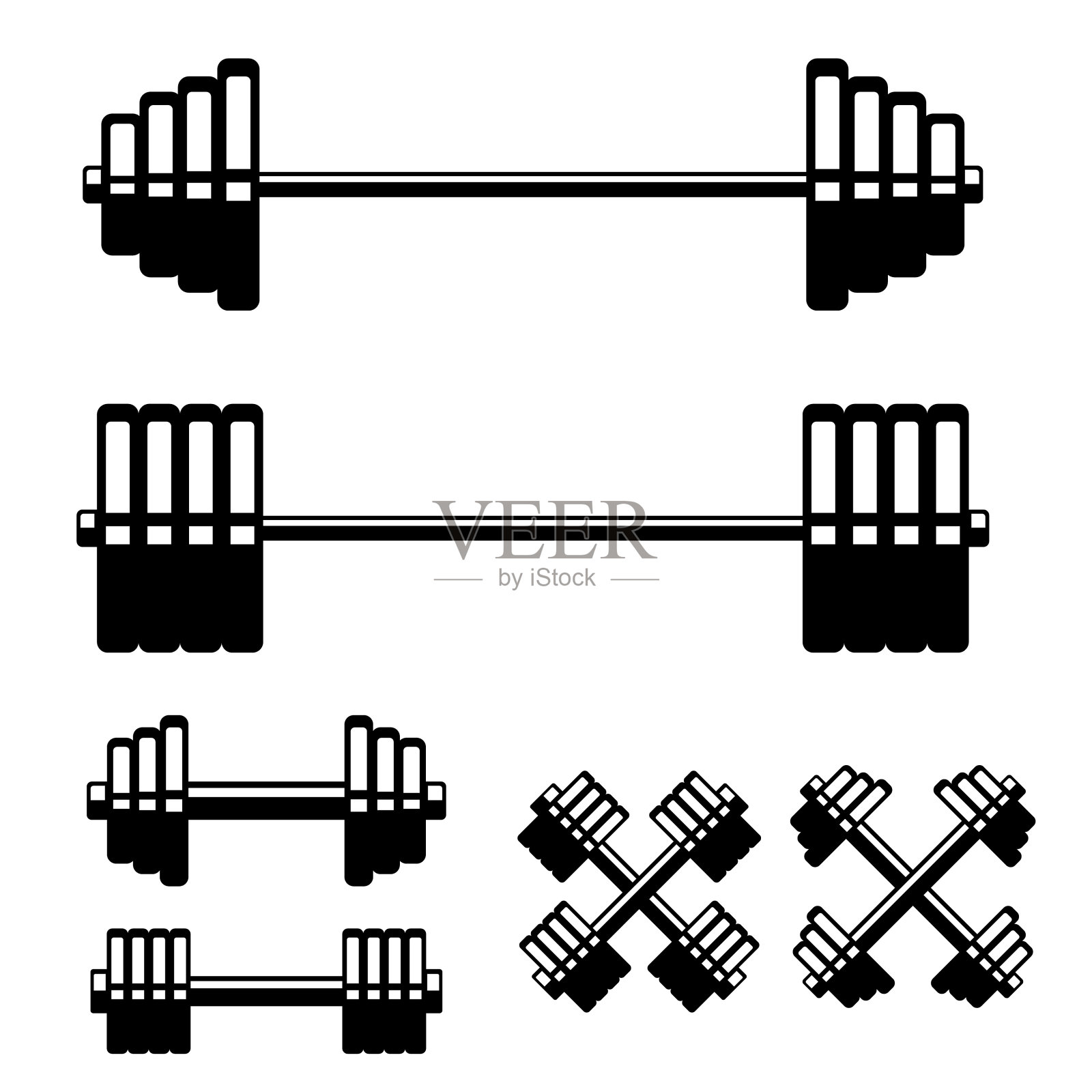 一组杠铃和哑铃孤立在白色背景。标签、标志、会徽、海报的设计元素。矢量图插画图片素材
