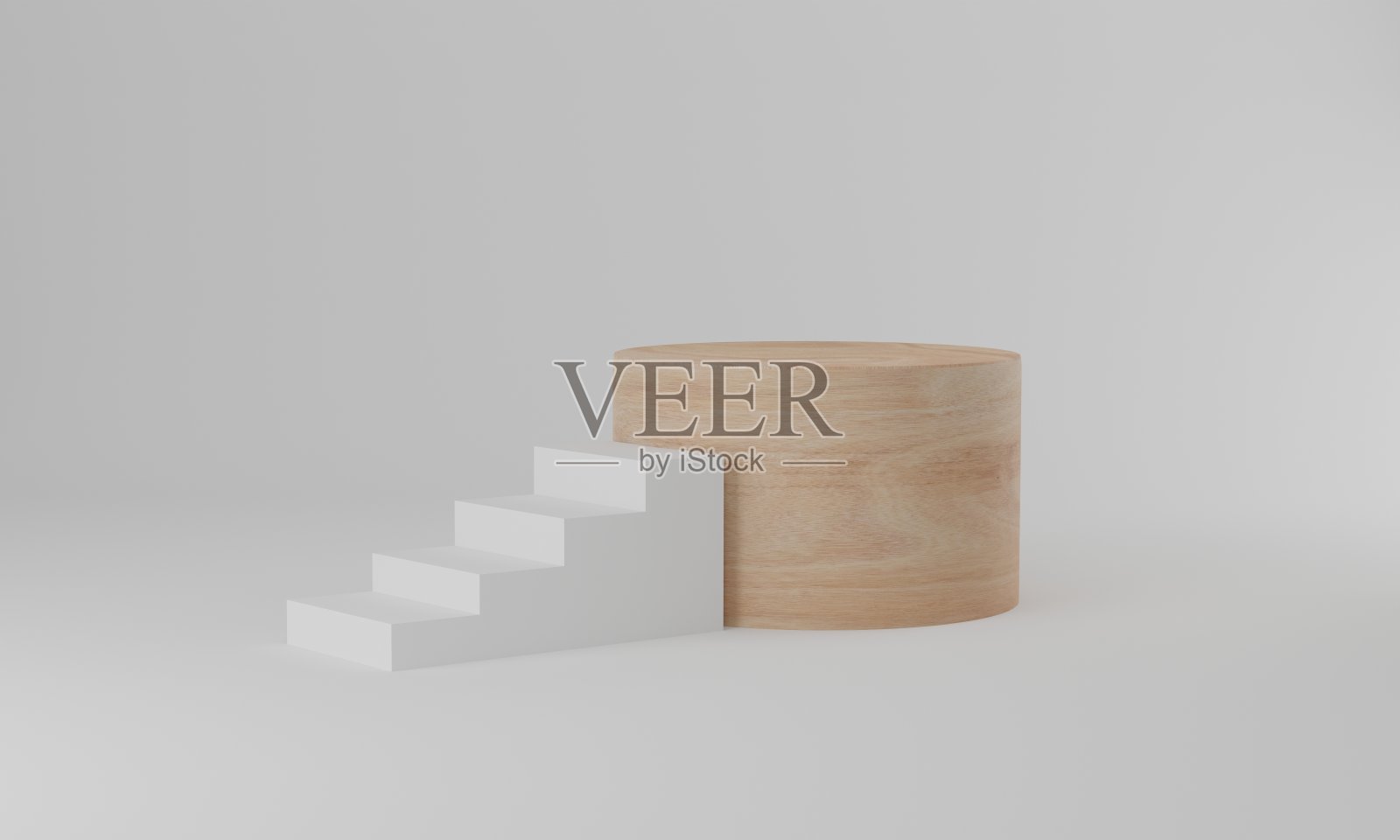 3 d渲染。抽象的最小背景,白色的楼梯和木制圆柱体裙台在白色的背景照片摄影图片