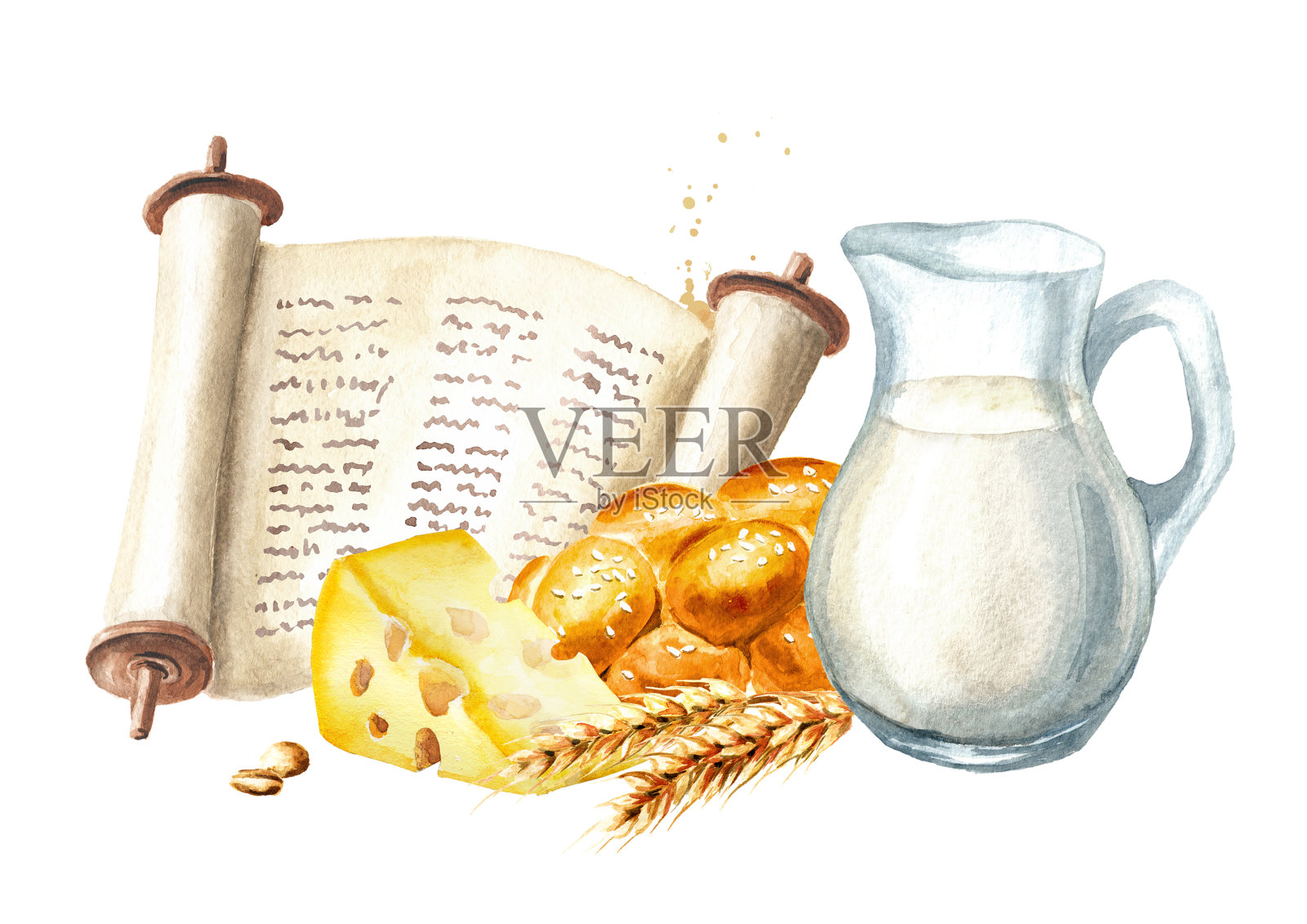 摩西五经,牛奶,面包,奶酪和小麦。犹太节日五旬节的象征。水彩手绘插图,孤立的白色背景插画图片素材