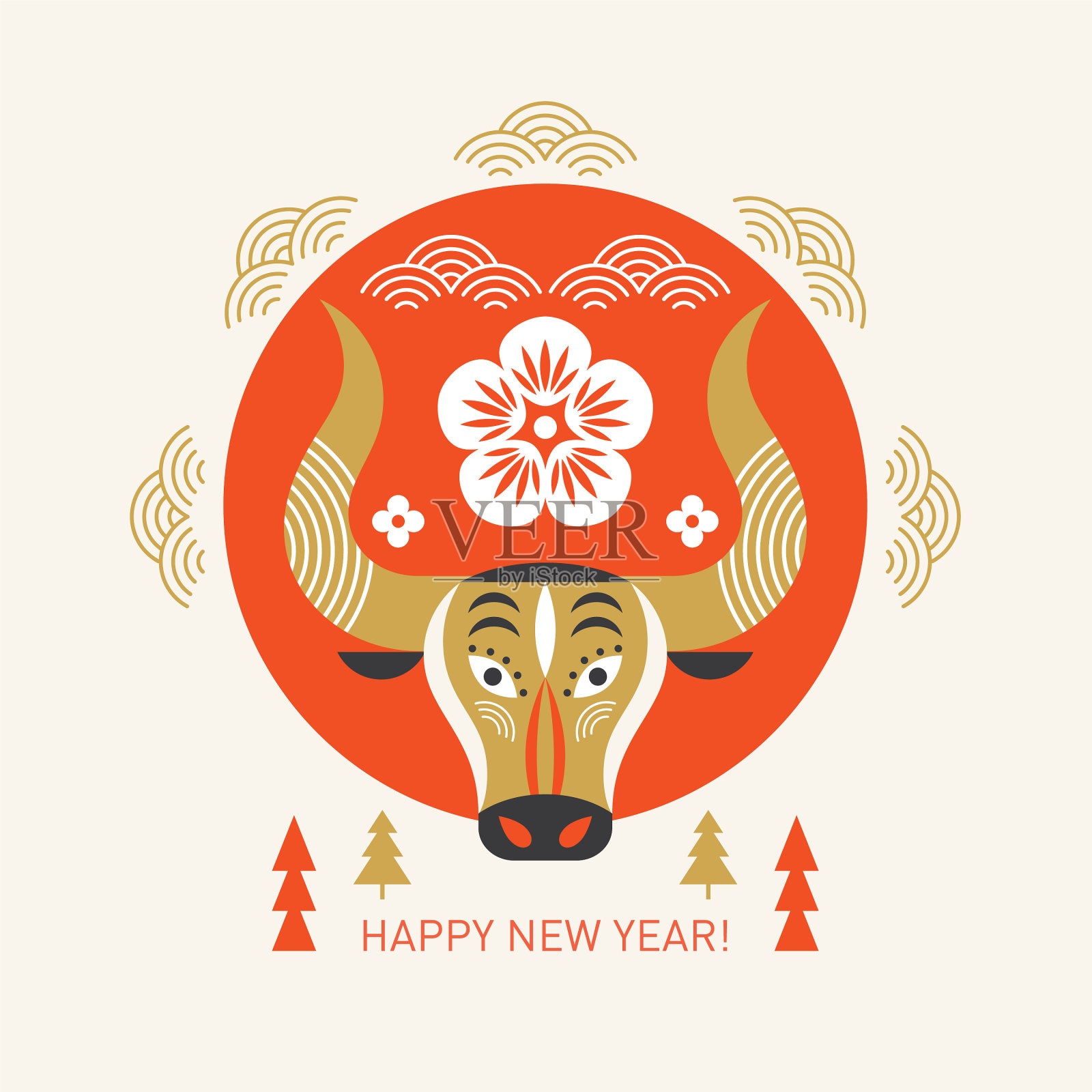 中国牛新年快乐插画图片素材