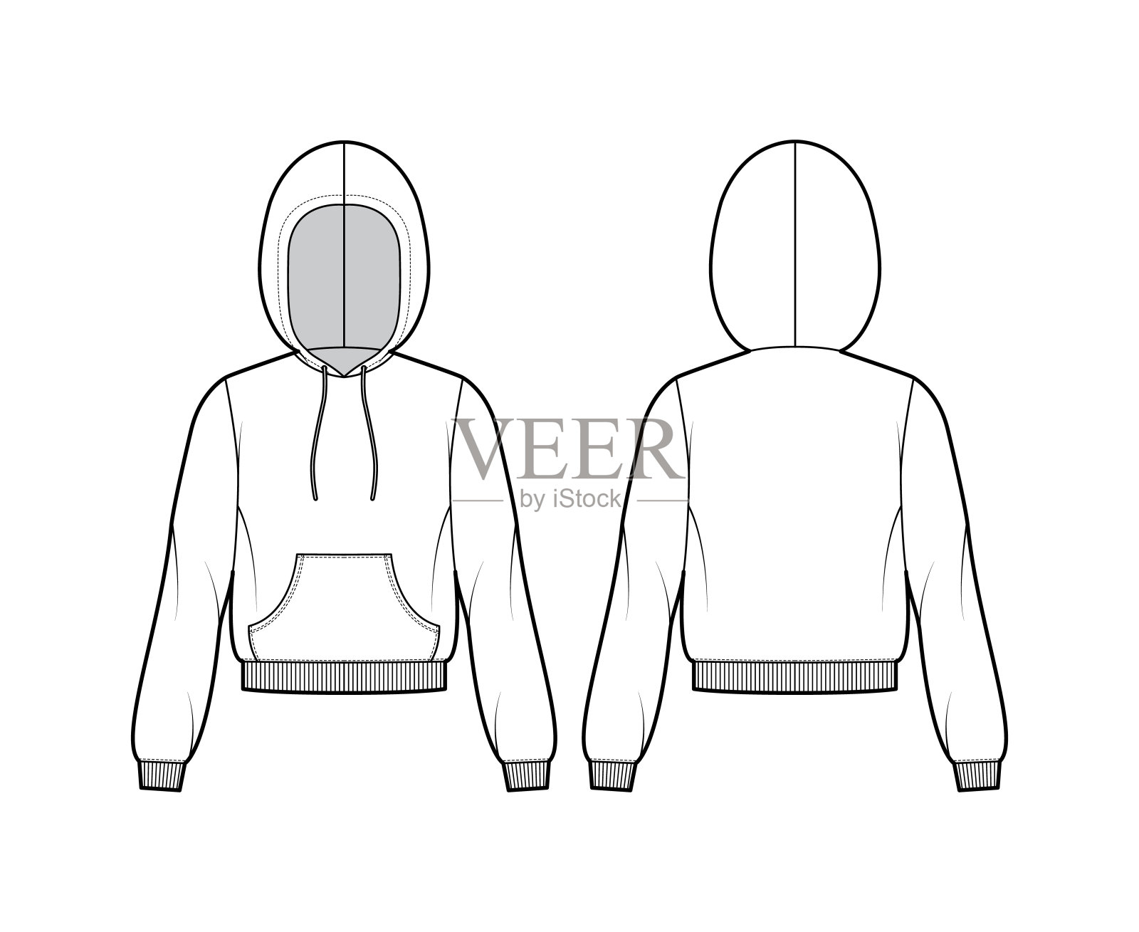 连帽衫的技术时尚插图与长袖,放松身体,袋鼠袋,针织罗纹袖口,带状下摆插画图片素材