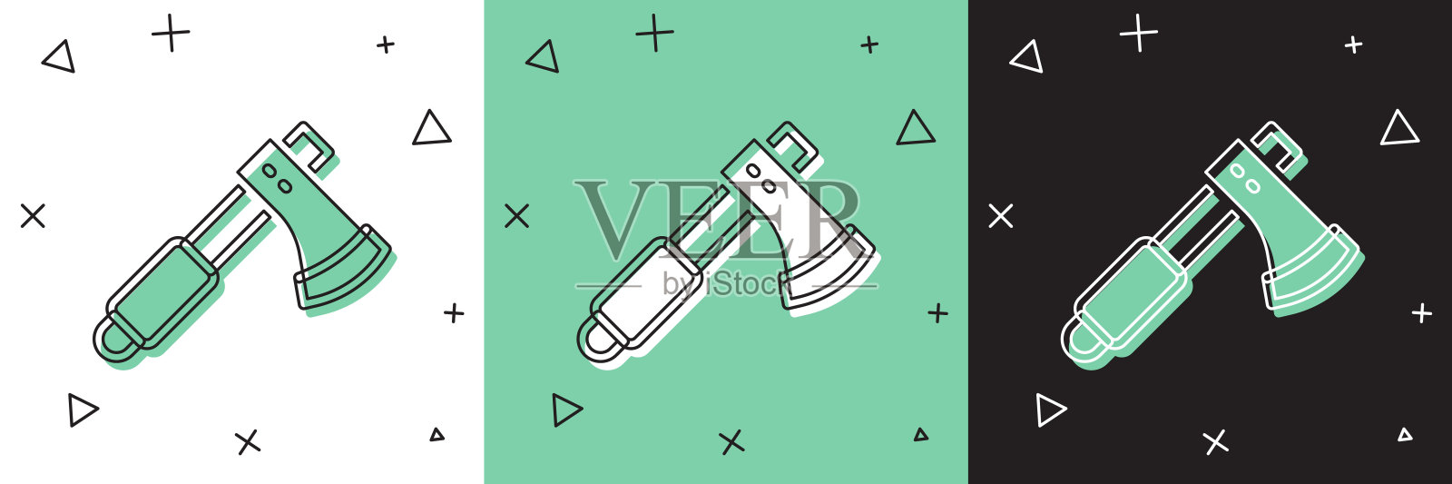 设置木斧图标隔离在白色和绿色,黑色背景。伐木工人斧头。向量插画图片素材