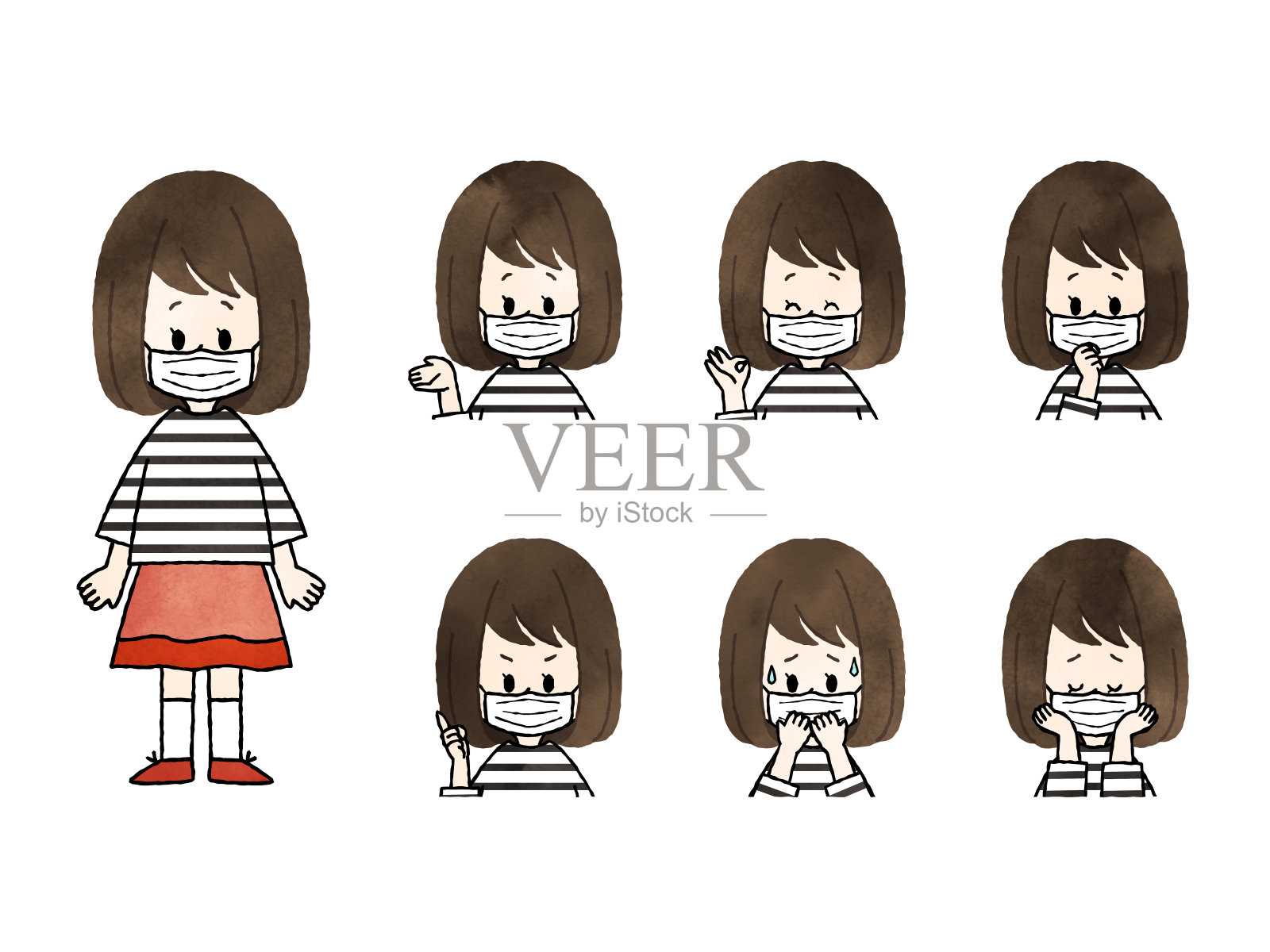 一个戴着面具的女孩的面部表情插画图片素材