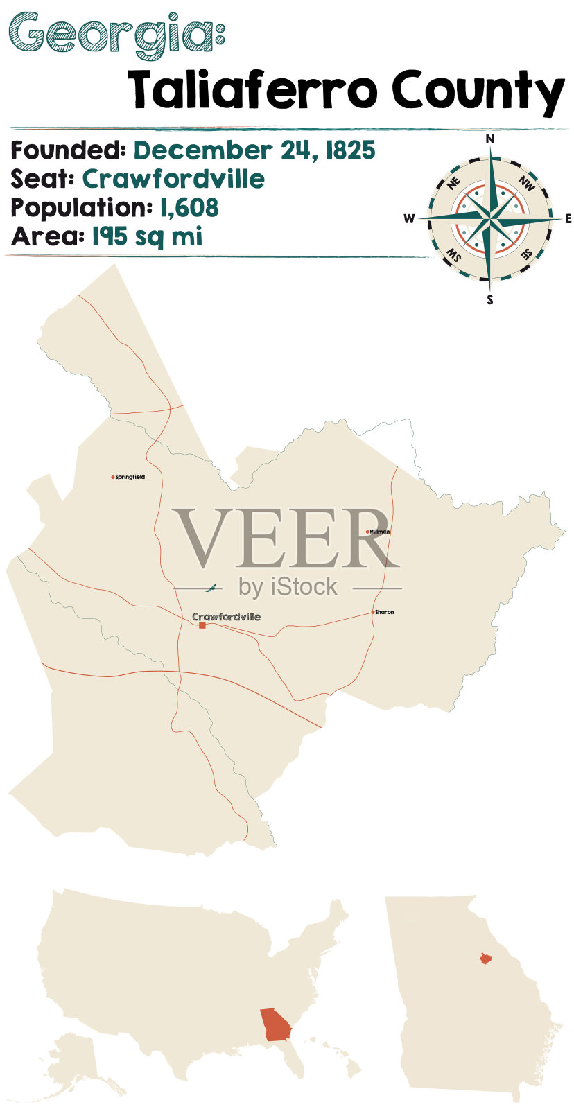 乔治亚州塔利亚费罗县地图插画图片素材