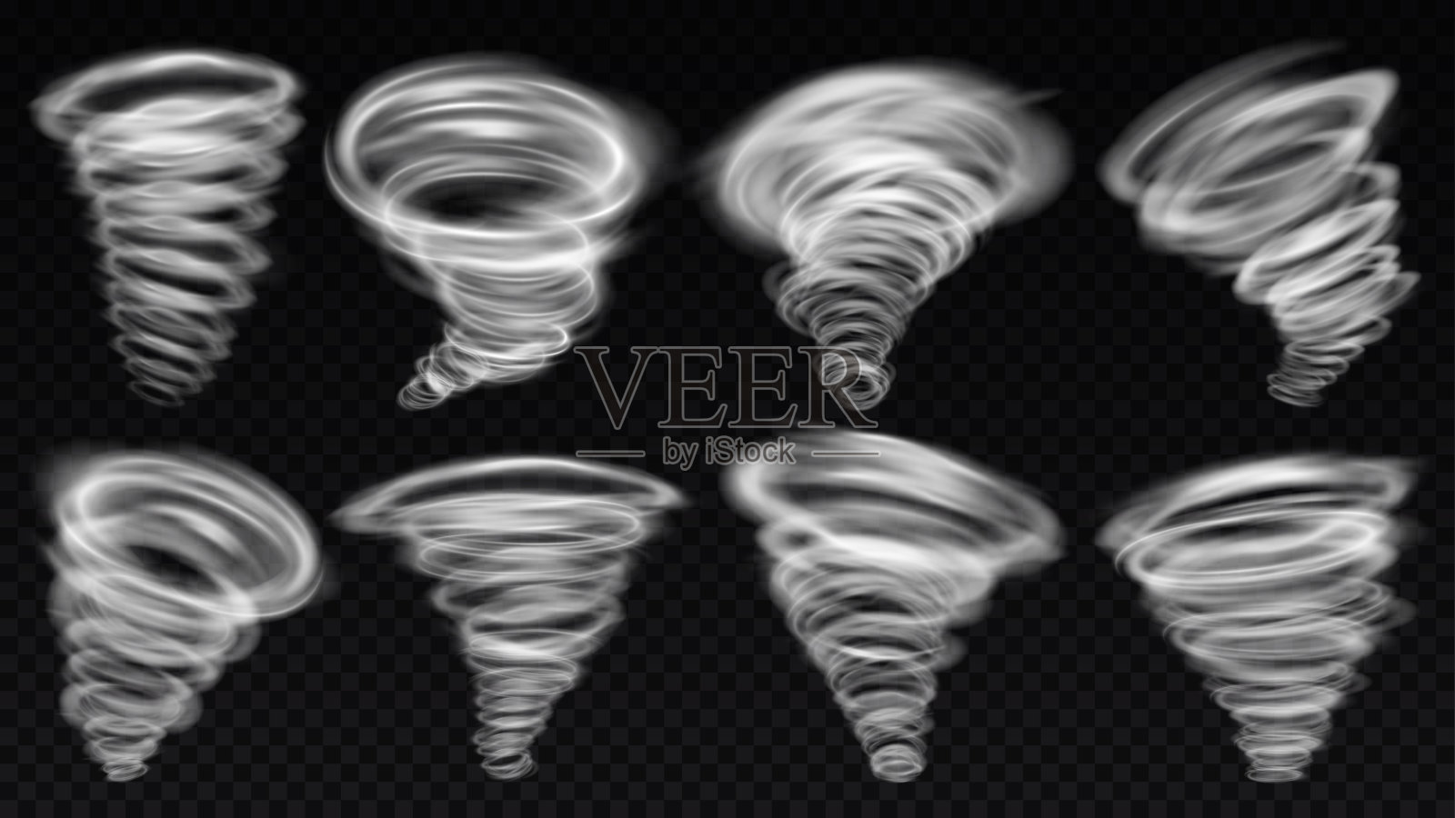 现实的龙卷风风暴漏斗。狂风暴雨、龙卷风盘旋、旋涡盘旋。旋风天气元素矢量插图集设计元素图片