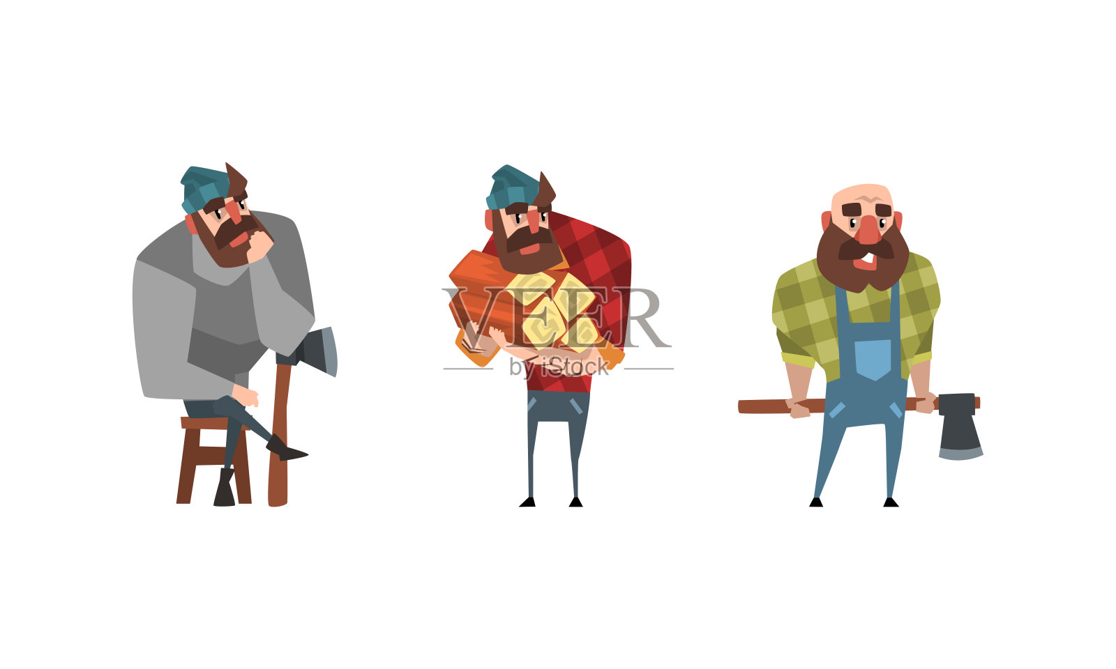 大胡子伐木工人在行动设置,强大的樵夫角色在格子衬衫卡通矢量插图插画图片素材