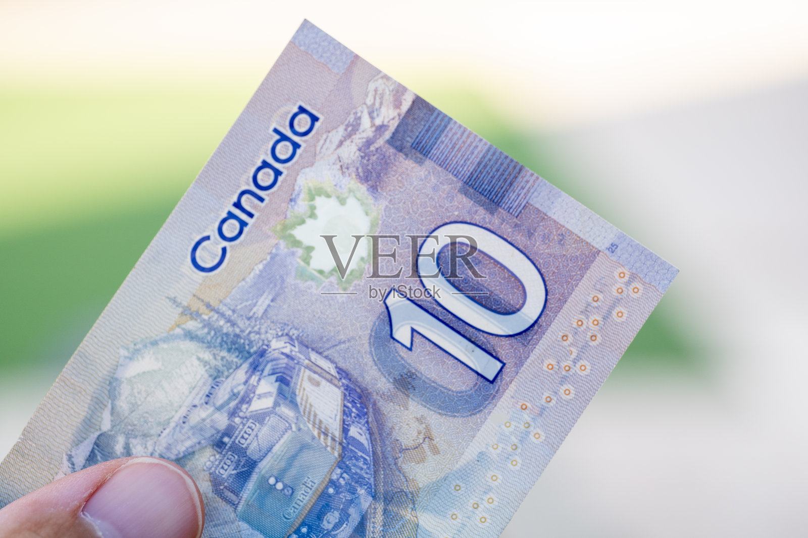 近距离的紫色加拿大十(10)美元纸币模糊散焦背景。放大照相。照片摄影图片