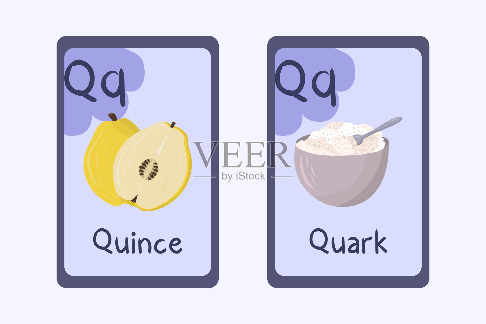 彩色字母卡片Q -夸克,昆斯。以食物、蔬菜、水果和坚果为主题的阅读教学卡片。一系列的ABC。插画图片素材