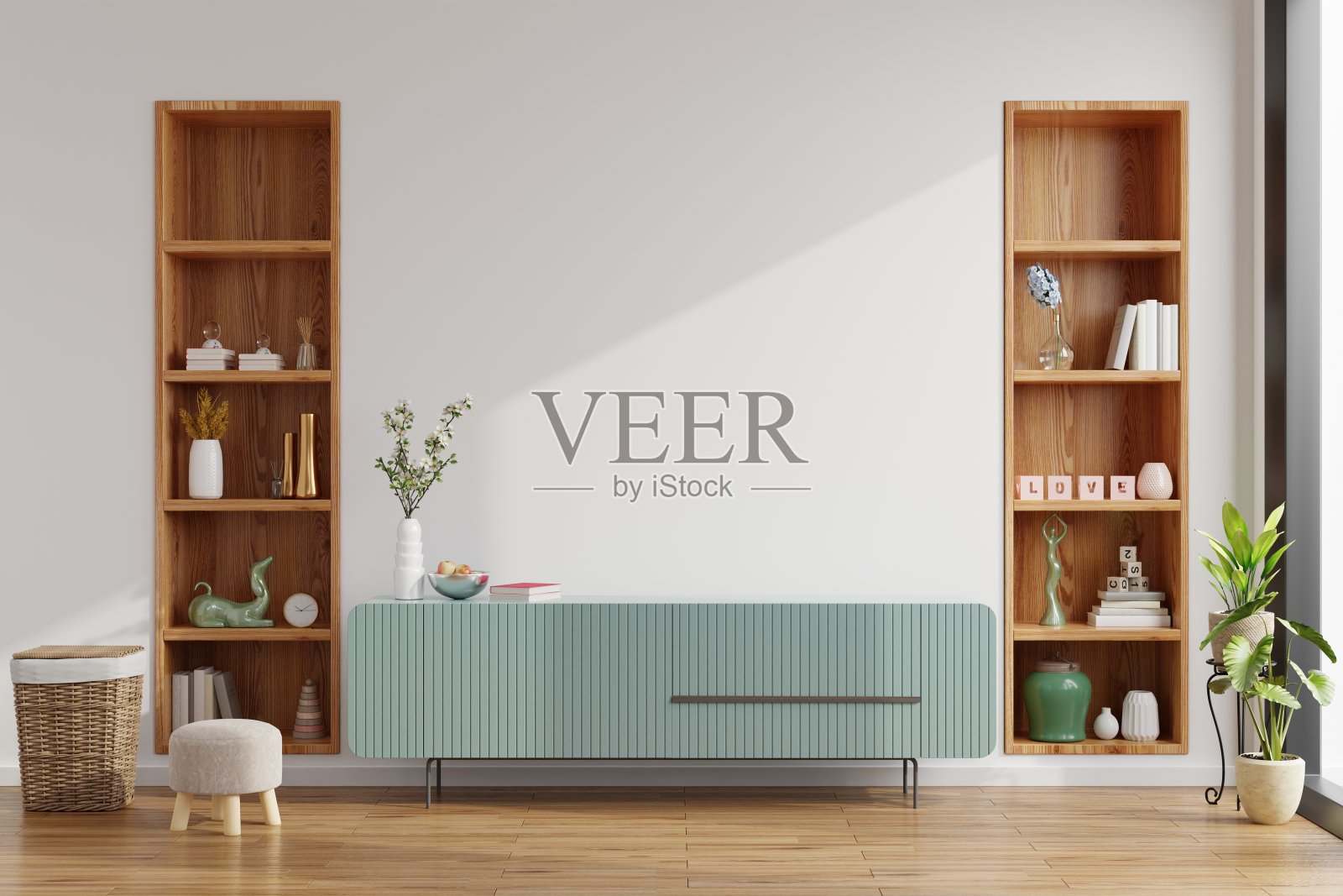 橱柜在现代的空房中,极简的设计。照片摄影图片