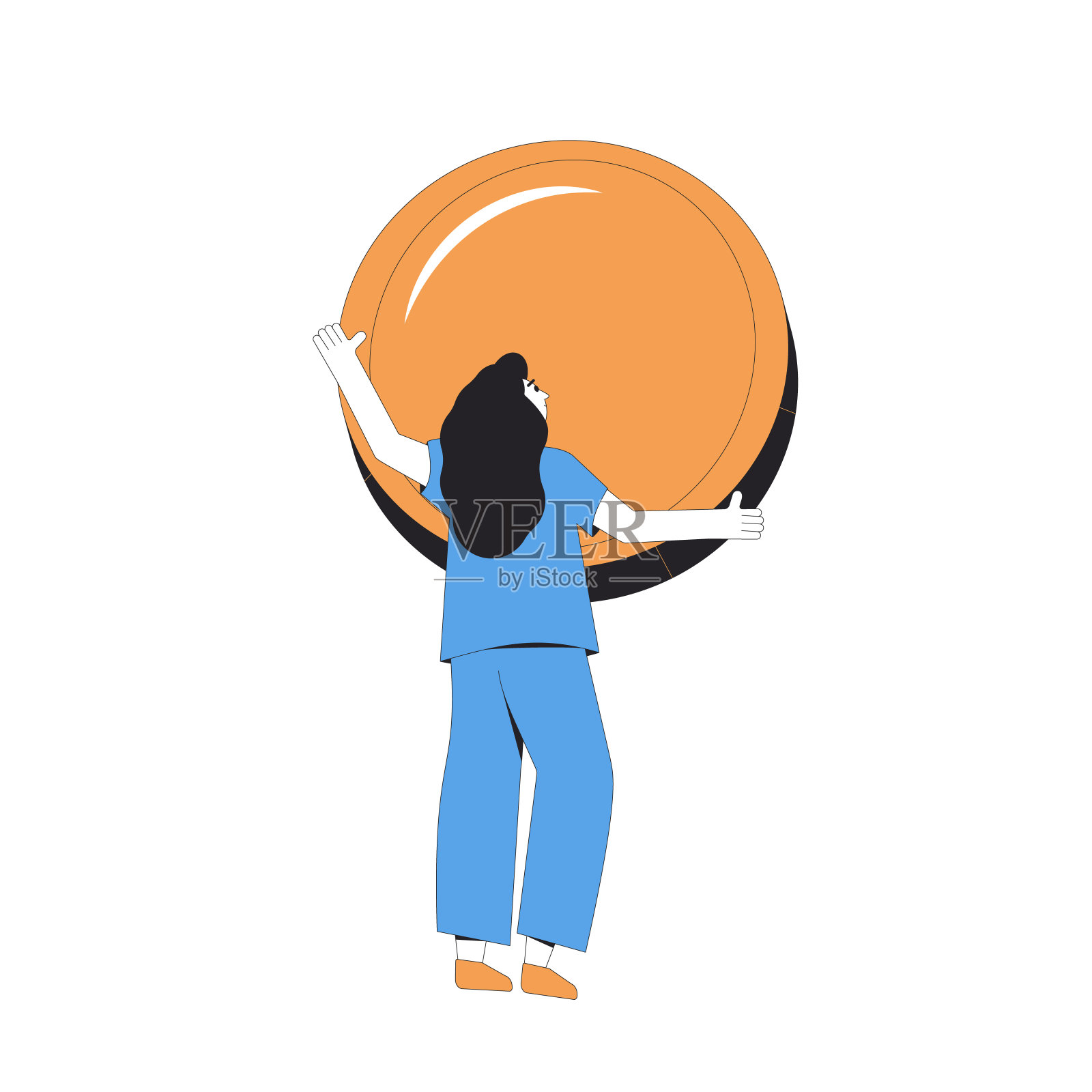 女人与金钱。年轻的女性角色与巨大的硬币孤立在白色的背景。矢量线艺术插图。插画图片素材