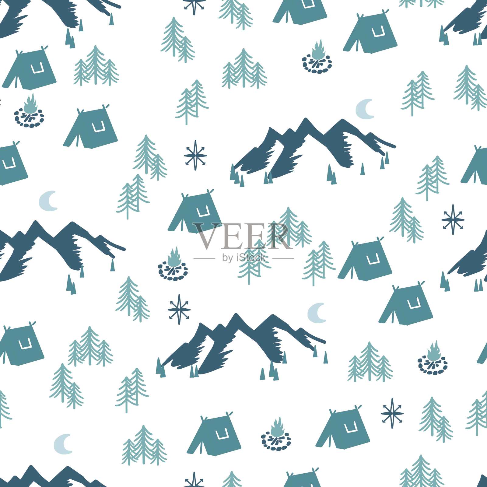 绿色山地森林露营矢量图形插图无缝模式插画图片素材