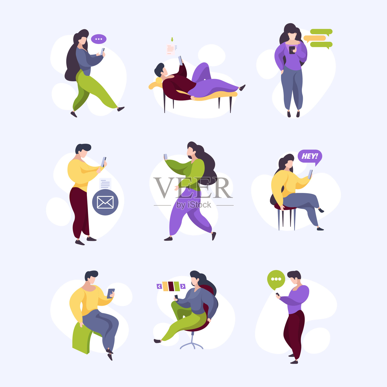 阅读产品。人们聊天,在智能手机和平板电脑上阅读在线书籍,学生图书馆花哨的矢量字符图标素材