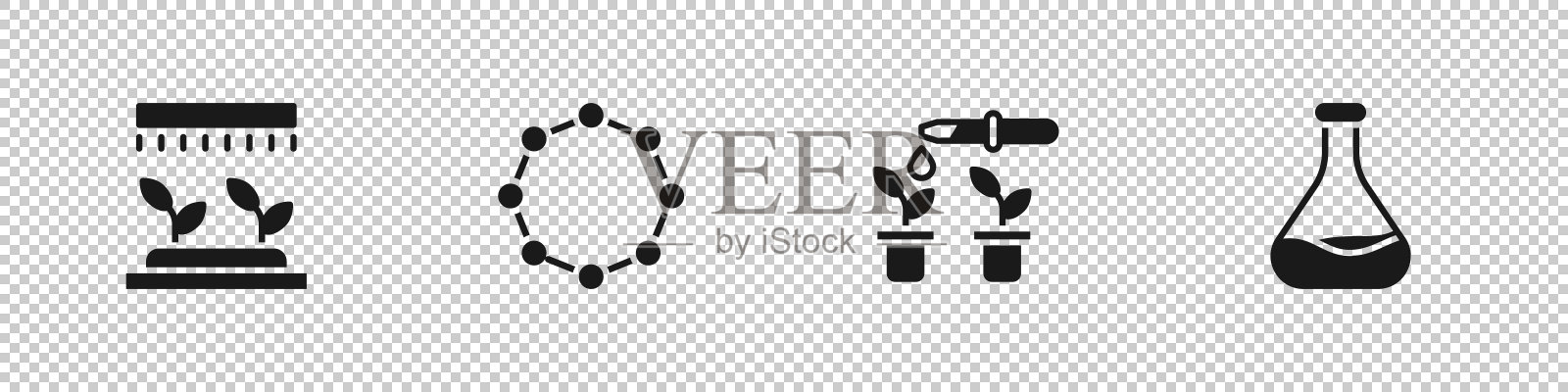 设置自动喷灌,化学配方,移液管和植物,试管烧瓶图标。向量图标素材