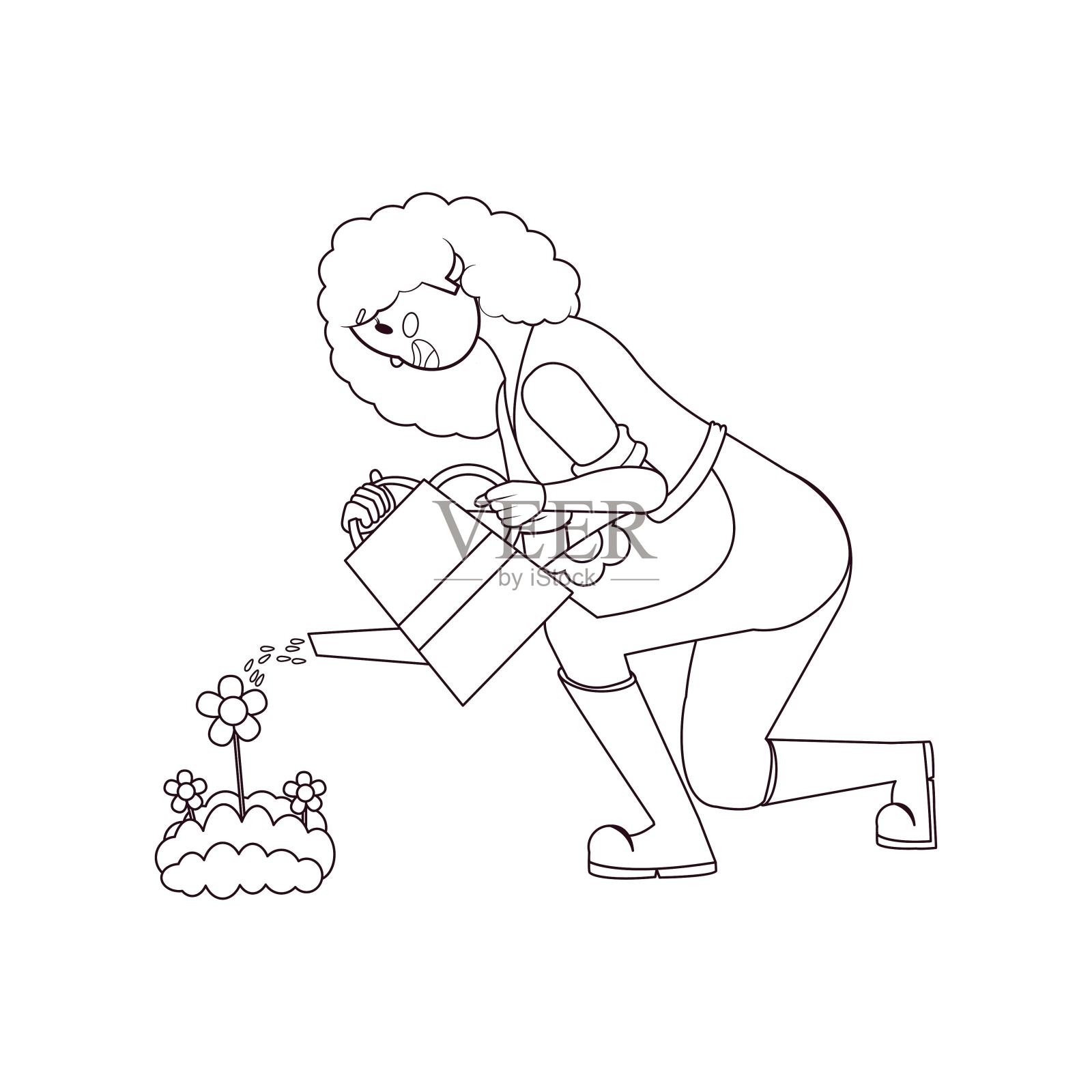 孤立的女人给植物浇水插画图片素材