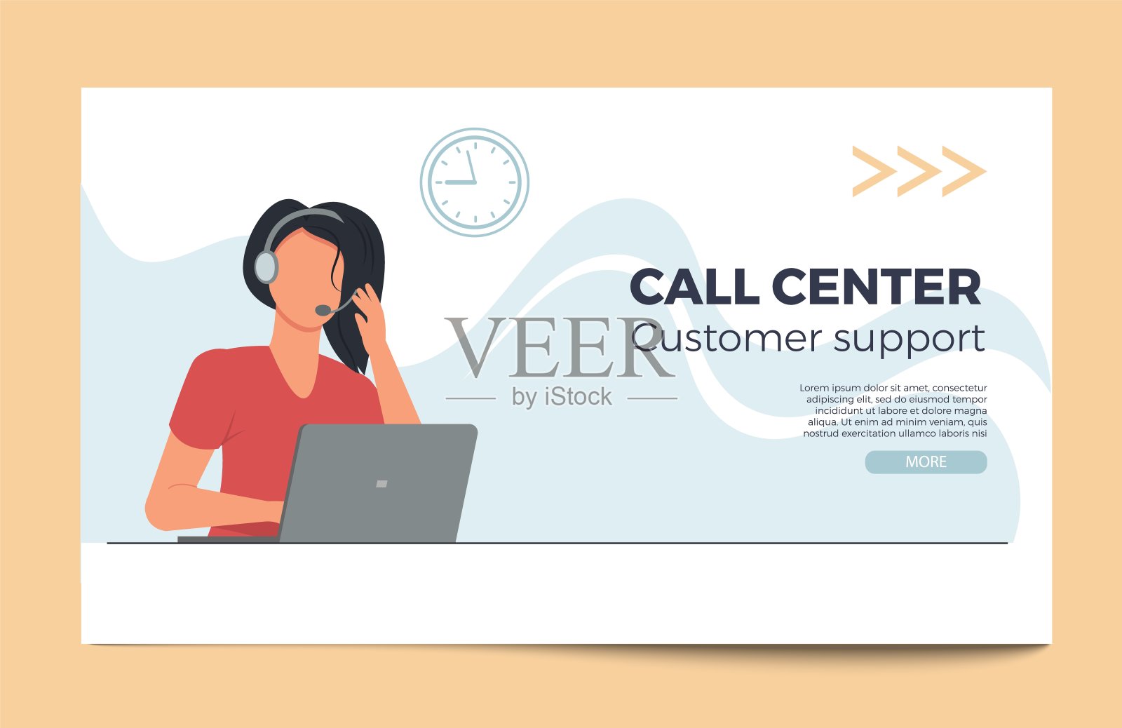 呼叫中心员工在电脑上工作。插画图片素材