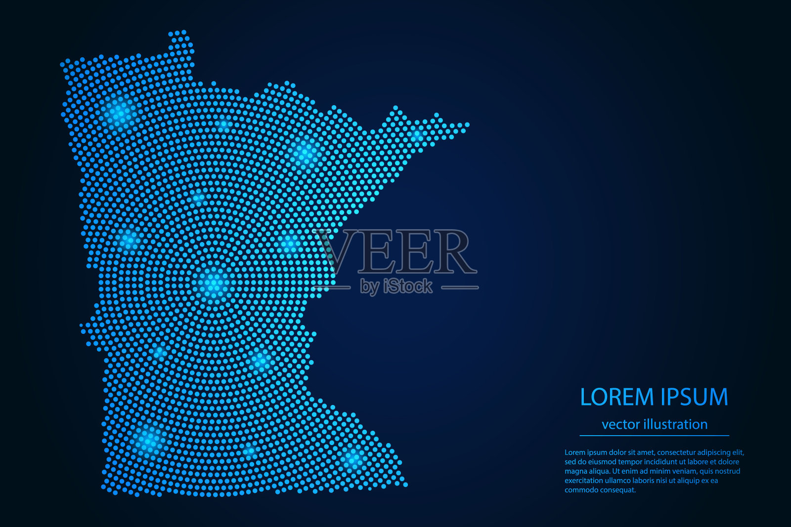 抽象图像明尼苏达地图从点蓝色和发光的恒星在黑暗的背景插画图片素材