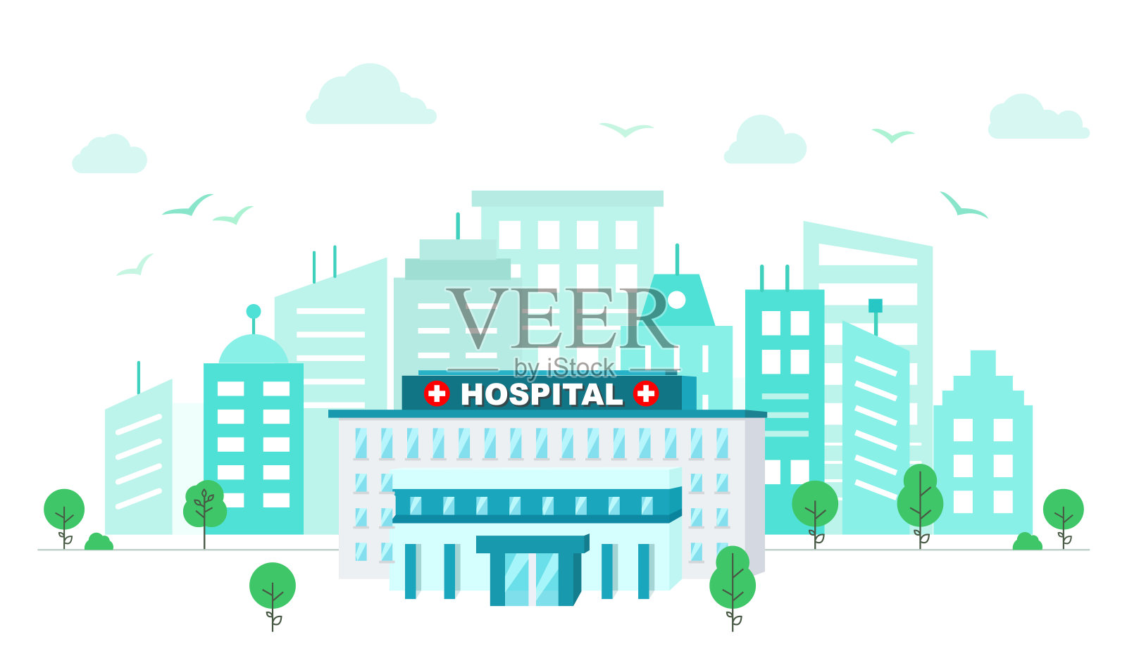 以大城市为背景的医疗中心。插画图片素材